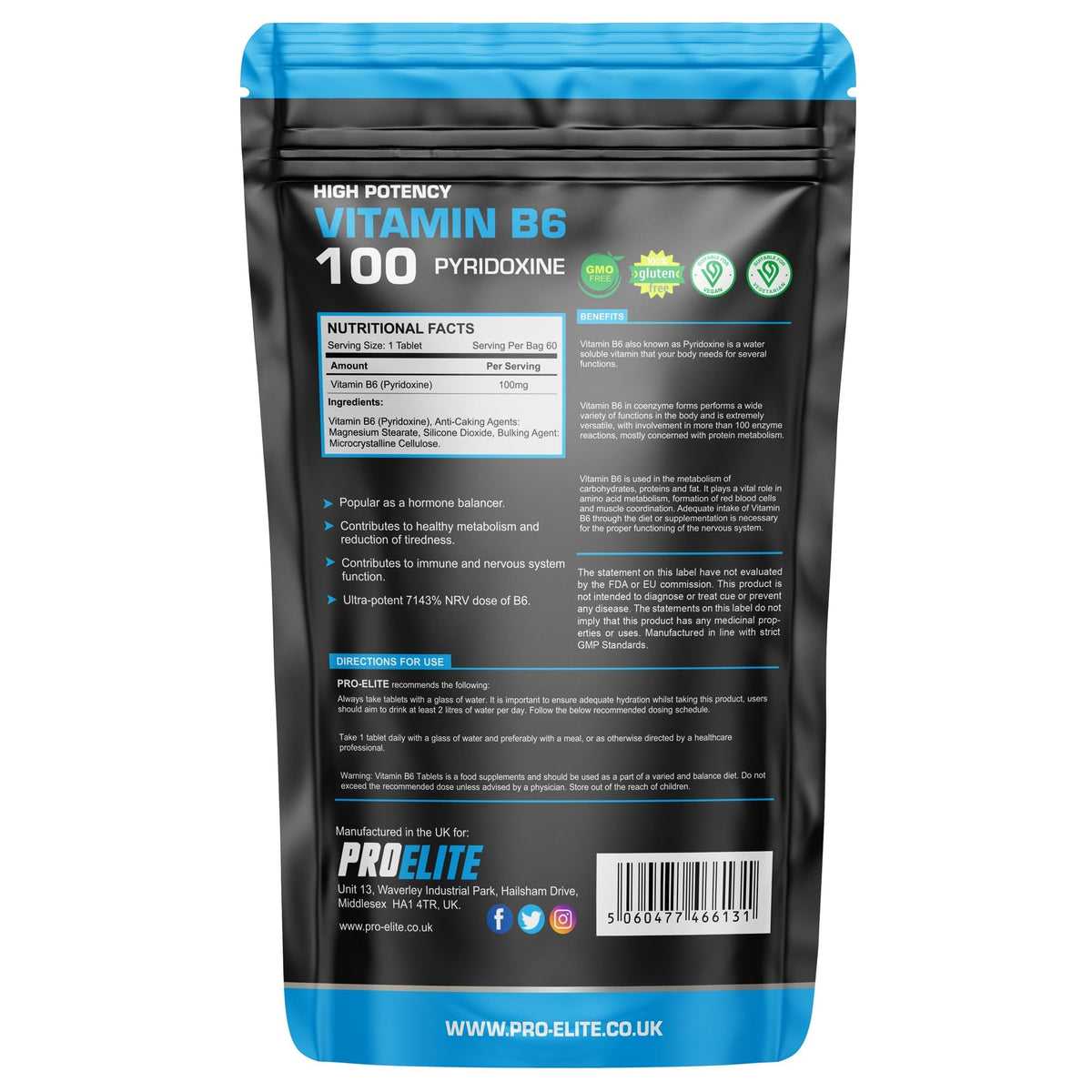 Vitamin B6 100mg - 120 Vegan Tablets 7000% Nrv Dose High Strength | B6 Vitamins Contributes to Healthy Metabolism, Reduction of Tiredness, Normal Immune & Nervous System Function by PROELITE