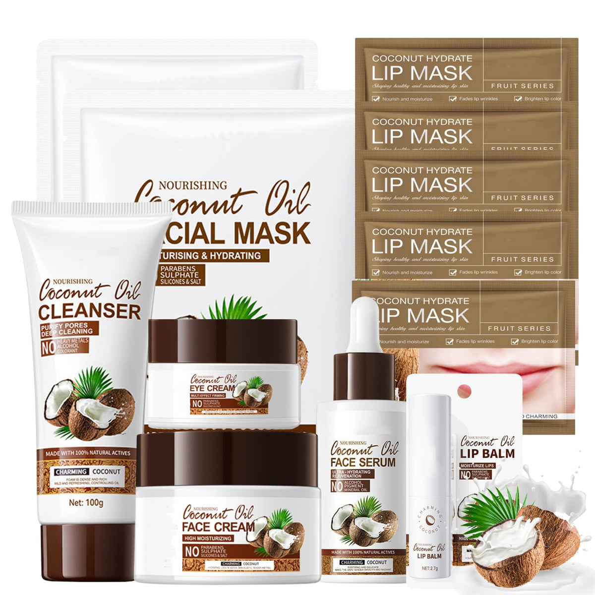 Cureluxe 12pcs Coconut Skin Care Sets & Kits Gifts for Teenage Girls - Facial Skincare Set - Pamper Gifts For Women with Cleanser,Serum,Face Cream,Eye Cream,Face Mask,Lip Balm,Lip Mask - Moist,Repair,Nourish