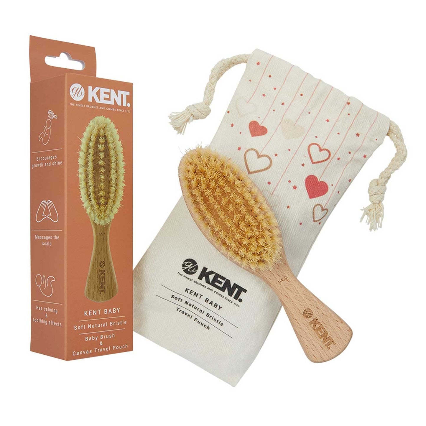 KENT Kent Baby Soft Bristle Beechwood Brush with Canvas Travel Pouch - BA29