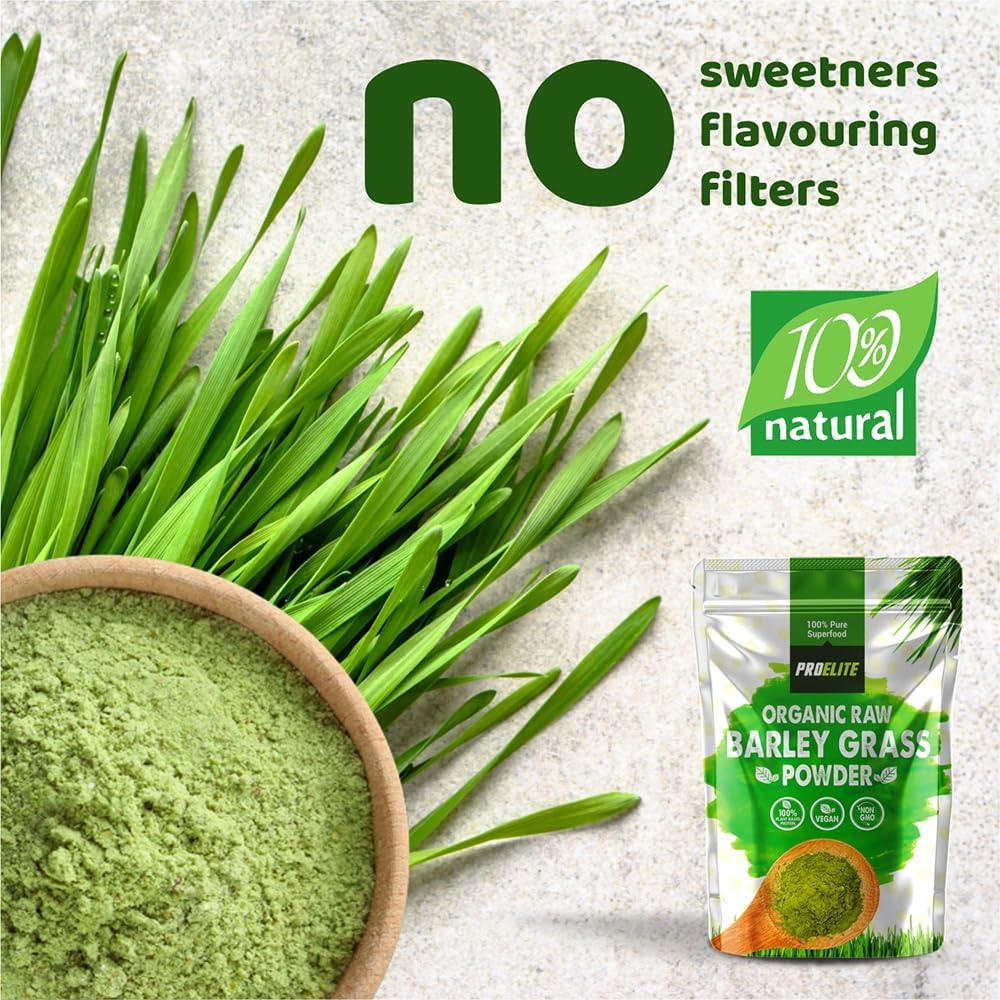 Organic Barley Grass Powder 250g - Certified Organic Grown in EU - 100% Raw Natural Gluten Free Superleaf Superfood Powder for Smoothies & Juices PROELITE