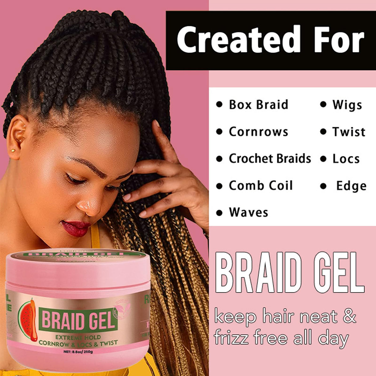 Fashion Base Braiding Gel Extra Hold 8.8 oz -Great For Braid Gel,Twist, Locs & Smooth Edges - Contains Rosemary Hair Growth Oil for Frizz Control, High Shine, Edge Control