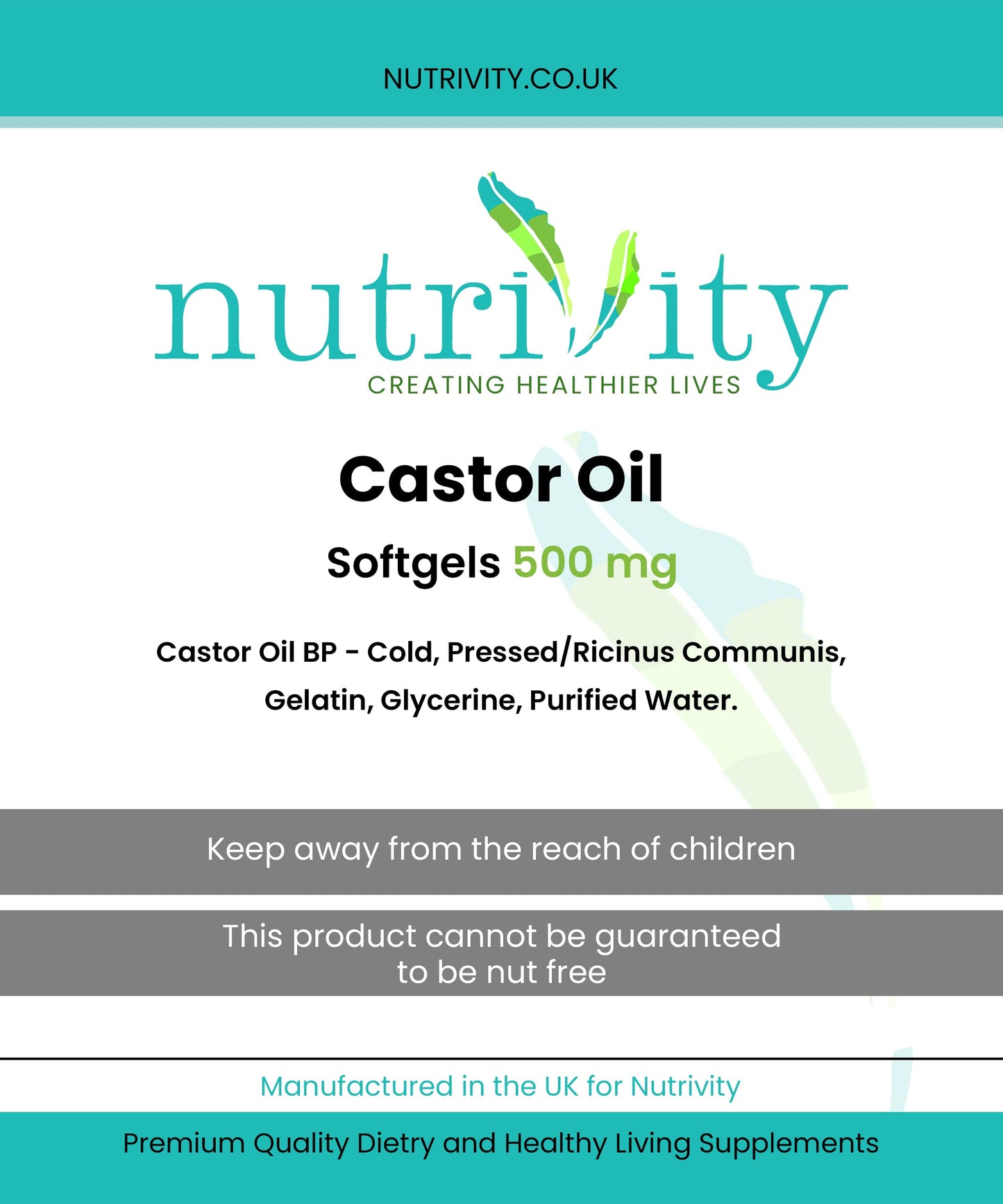 Castor Oil 500mg Soft Gels | Intestinal Help | Constipation Relief | Healthy Hair & Skin | Made in The UK to GMP Standards by Nutrivity (60)