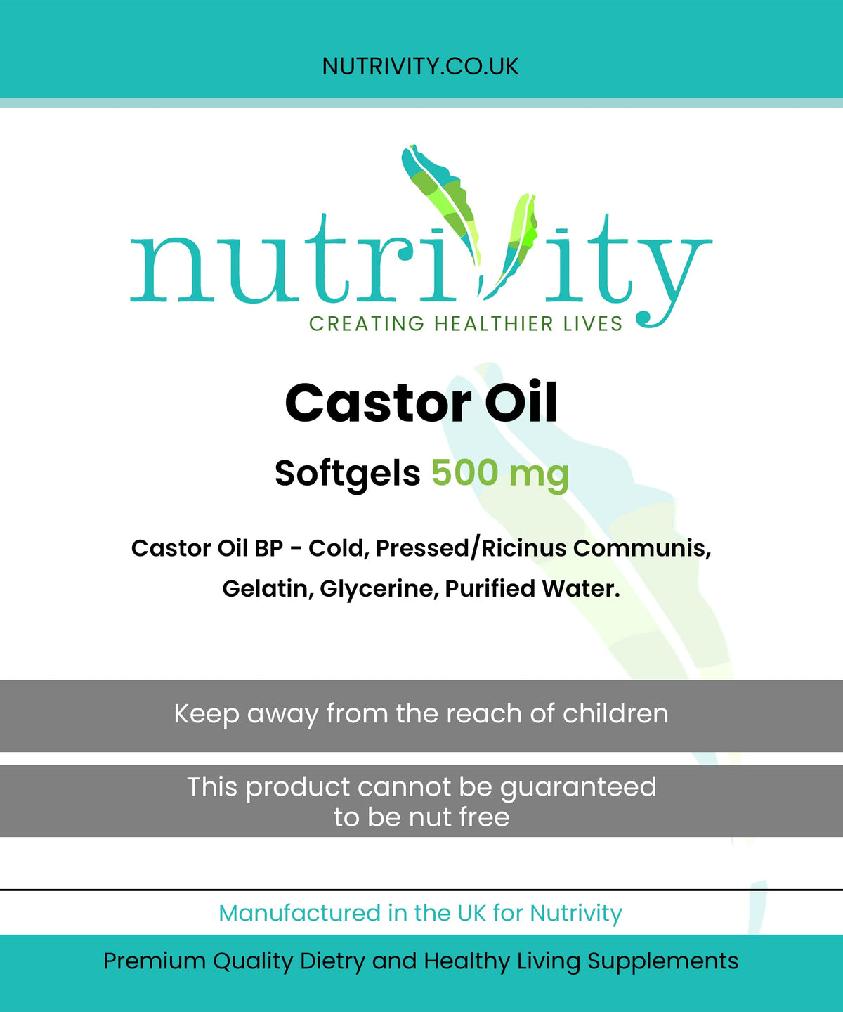 Castor Oil 500mg Soft Gels | Intestinal Help | Constipation Relief | Healthy Hair & Skin | Made in The UK to GMP Standards by Nutrivity (60)
