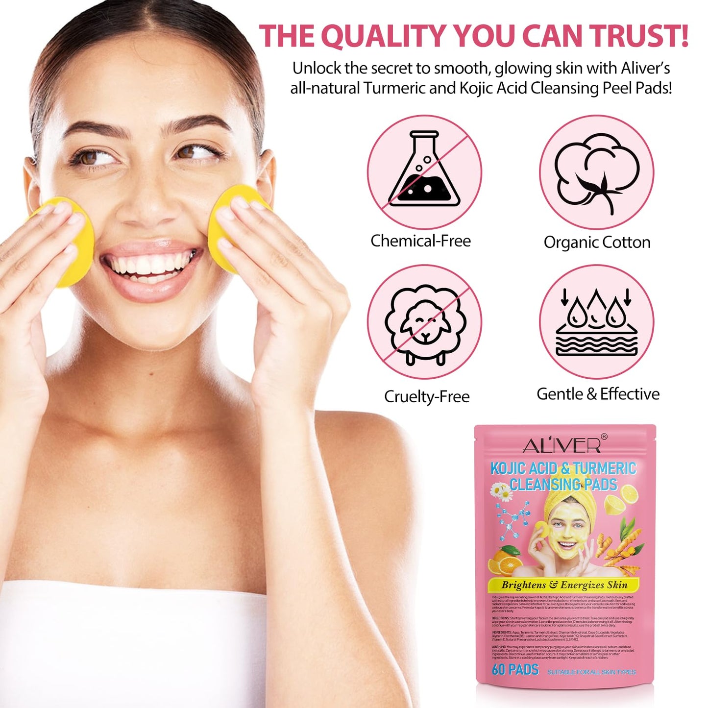 ZyranovaE Kojic Acid Cleansing Pads,Turmeric Kojic Acid Cleansing Pads for face,Helps Balance Skin Oil And Water,Face Exfoliating Pads, Facial Sponges for Cleansing-60 Pads