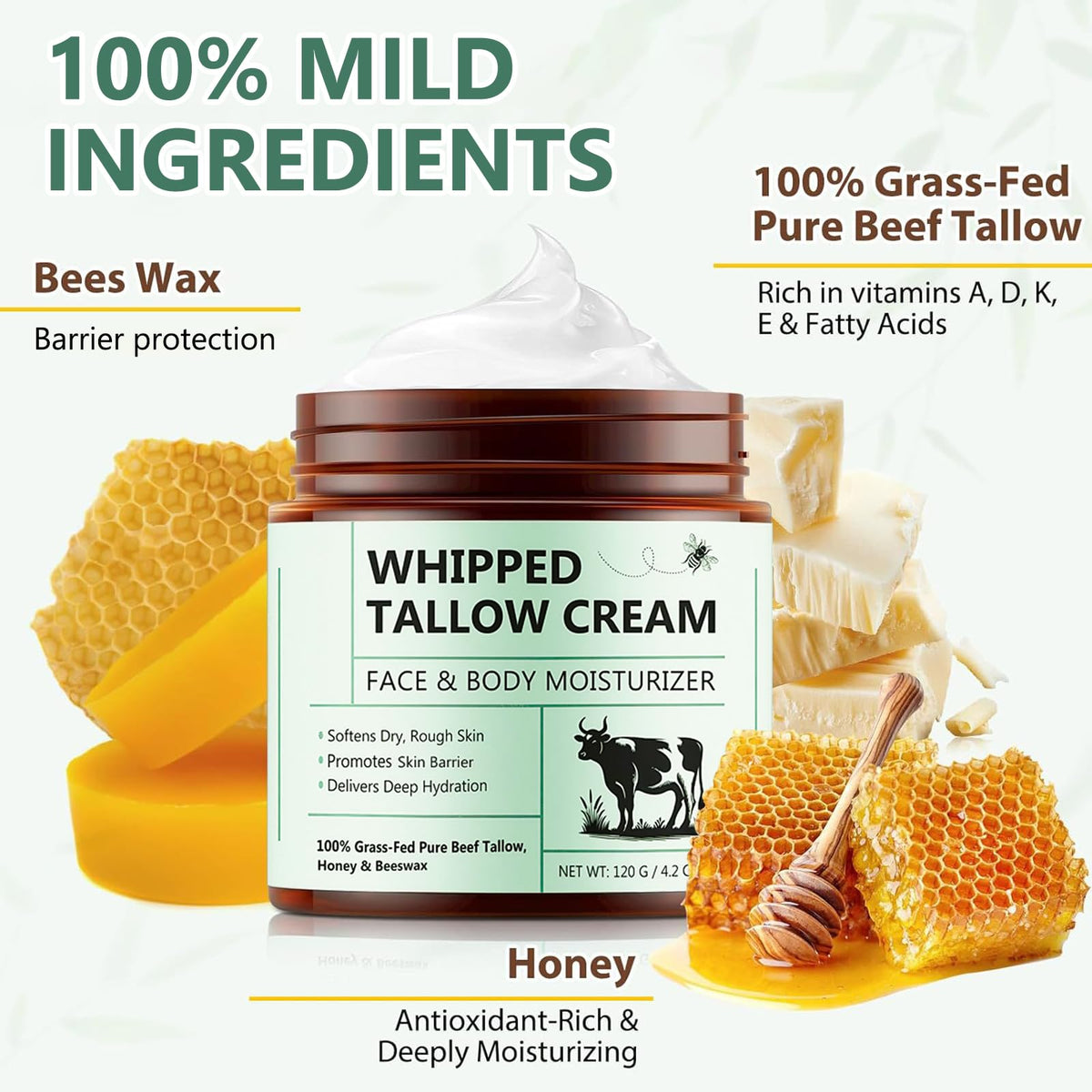 Wormeer Beef Tallow for Skin Care 120g, Honey Balm, Beef Tallow Moisturiser, Grass-Fed Whipped Face Cream with Raw Honey, Deep Hydration for Women