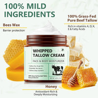 Wormeer Beef Tallow for Skin Care 120g, Honey Balm, Beef Tallow Moisturiser, Grass-Fed Whipped Face Cream with Raw Honey, Deep Hydration for Women