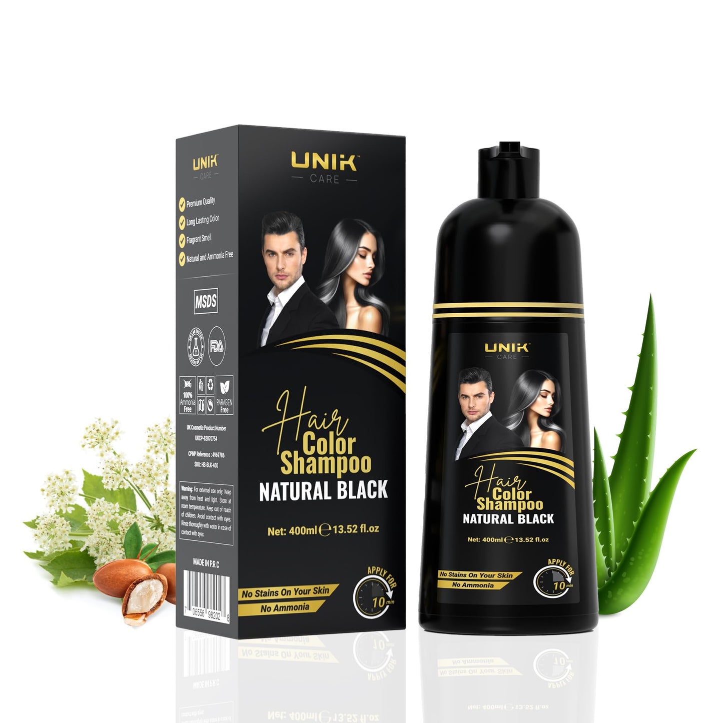 UNIK Care Hair Dye Shampoo Black 400ml – 3-in-1 Hair Color, Shampoo & Conditioner – Long-Lasting Natural Black Hair Shampoo for Men & Women – Covers Grey Hair Instantly – Ammonia-Free