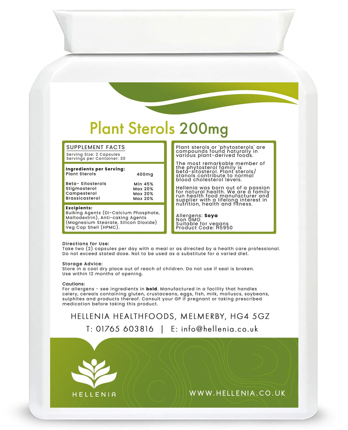 Plant Sterols 400mg per Serving - 60 Capsules - Containing Plant Sterols, Beta-Sitosterols, Stigmasterol, Compesterol, Brassicasterol | Helps Maintain Cholesterol Levels - Made in The UK by Hellenia