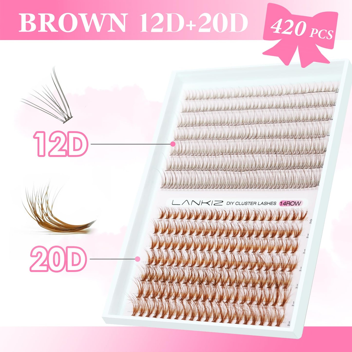 LANKIZ Fluffy Individual Lashes, Brown 12D+20D Wispy Lash Clusters 3D Natural Look Eye Lash Extensions for DIY Makeup Cluster Eyelash Extensions, Vegan Faux Mink Lashes