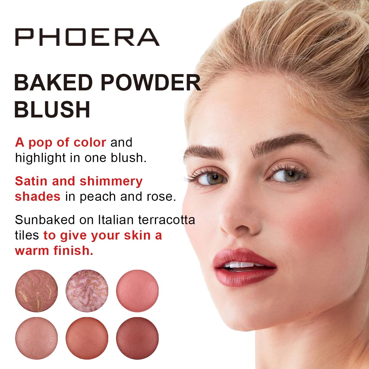 Phoera Baked Powder Blush – Richly Pigmented & Buildable, Multi-Tonal Mineral Blush for a Youthful Glow, Satin & Shimmery Shades, Available in 6 Shades (205 Sunset, One Size)