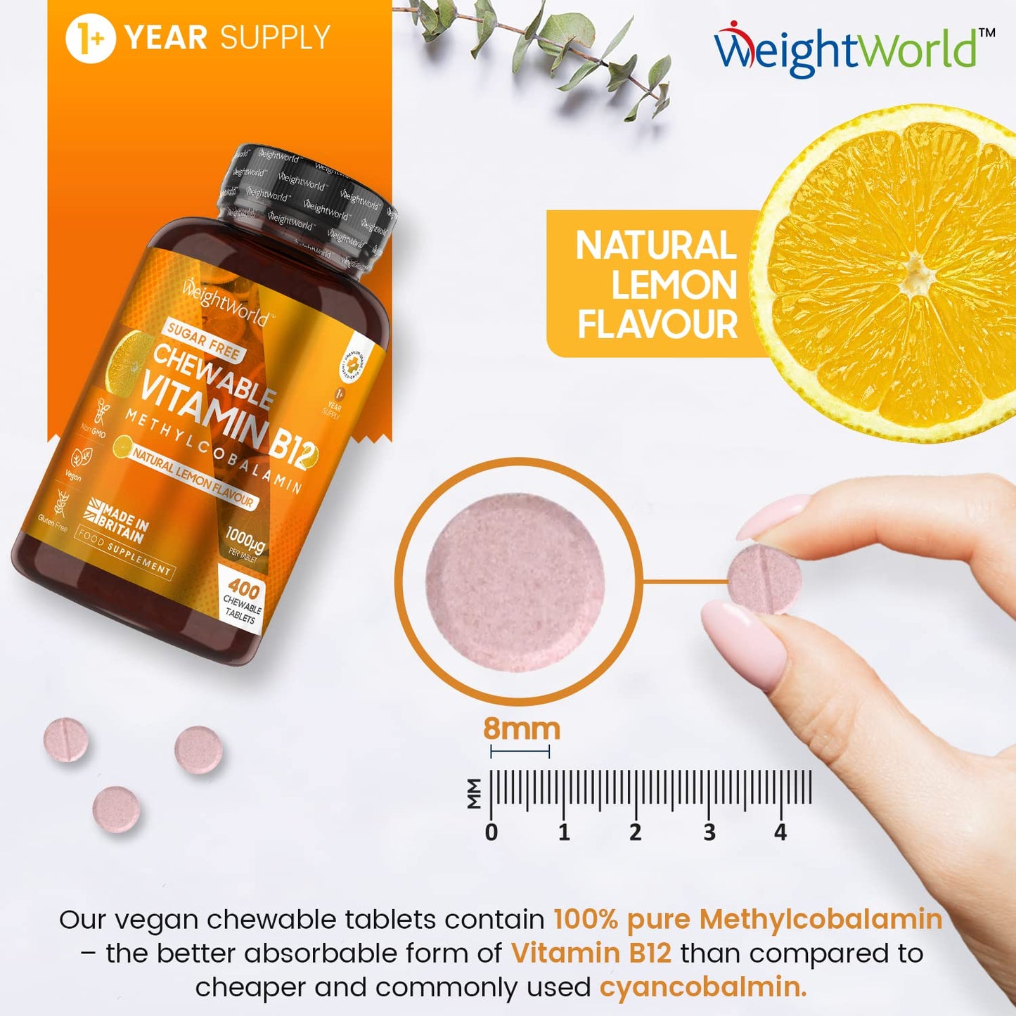 Vitamin B12 High Strength 1000mcg - 1+ Year Supply - 400 Chewable & Vegan Vitamin B12 Tablets - Sugar-Free Methylcobalamin - Vit B12 Supplement for Tiredness & Fatigue - Lemon Flavour - Made in The UK