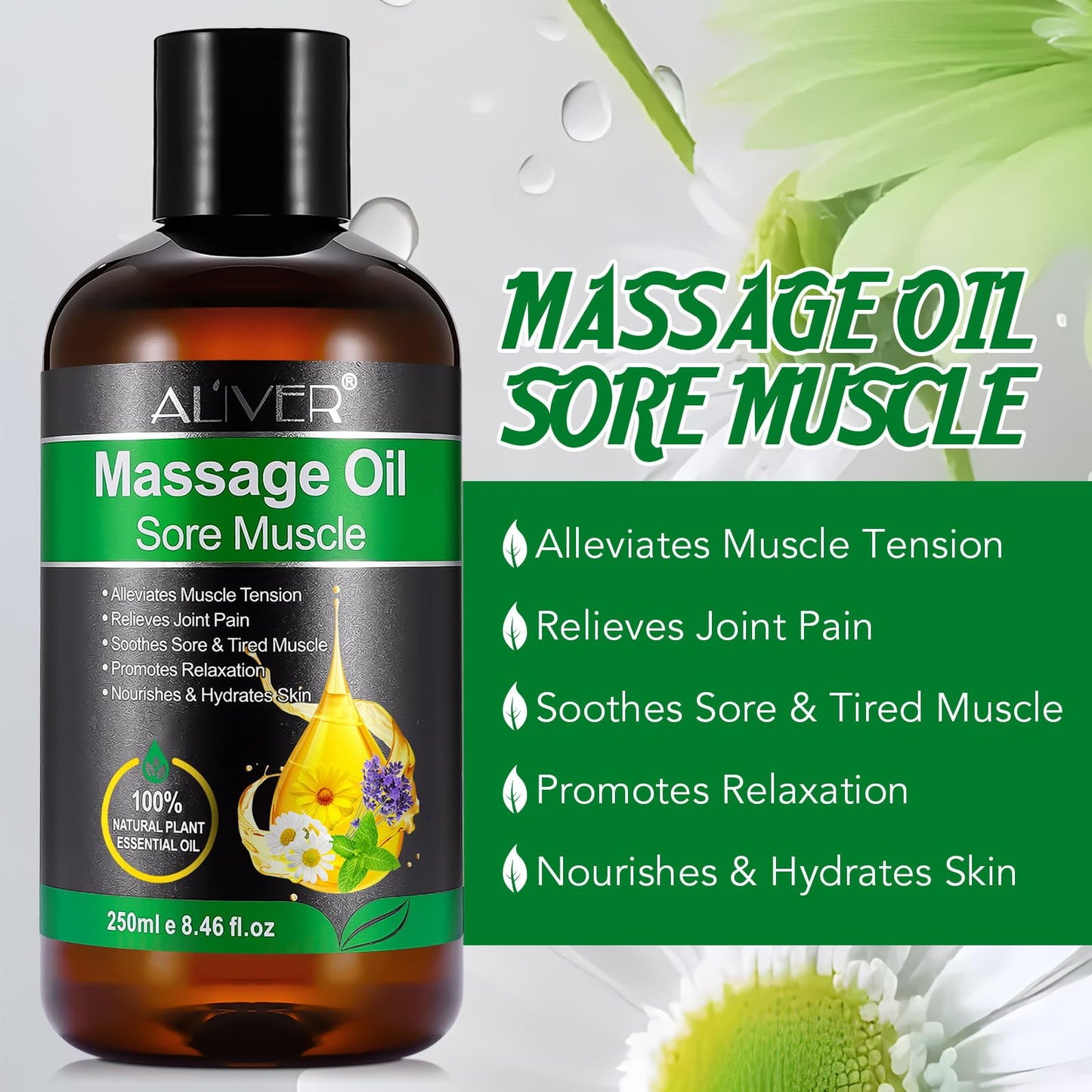 Massage Oil for Sore Muscle, Joint Pain Relief, 250ml Massage Oils for Massage Therapy Relaxing Moisturizing Body Oil for Men and Women