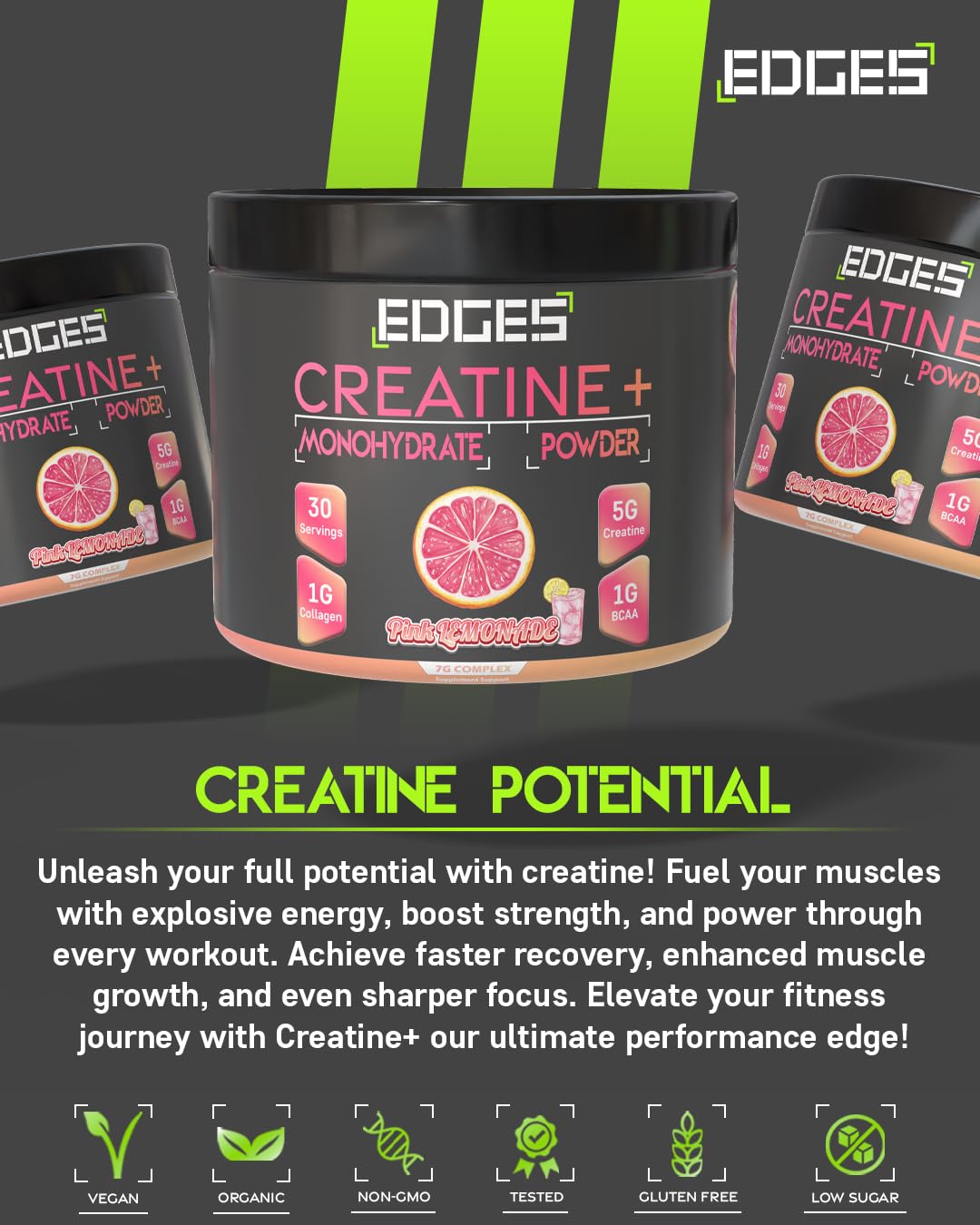 Edges Creatine+ | 5g Creatine (200 Mesh) | 1g BCAAs | 1g Collagen | Creatine Monohydrate Powder - Pink Lemonade Flavoured Creatine - Boost Muscle Performance - 30 Servings (272g, Pink Lemonade)