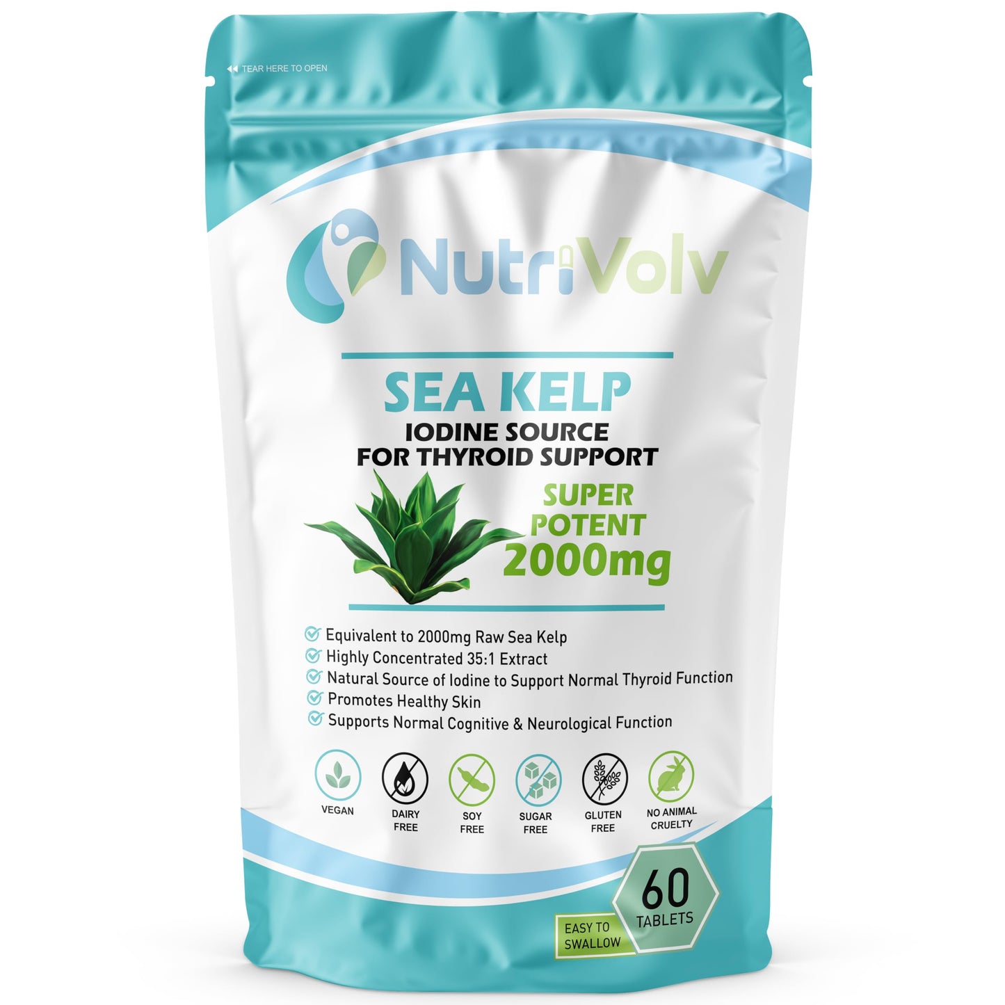 NutriVolv Nutrivolv Sea Kelp 2000mg Iodine Supplement - 60 Tablets - Source of Iodine Thyroid Improves Hair Growth, Skin & Immune System