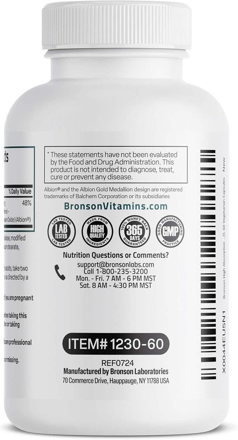 Magnesium Glycinate 200 MG per Serving Chelated for High Absorption, Gentle On Stomach, Non-GMO, 60 Vegetarian Capsules