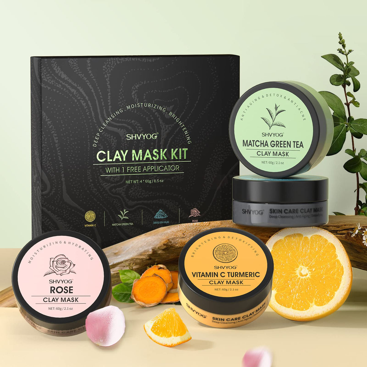 SHVYOG Clay Face Mask Kit, Vitamin C Clay Mask with Turmeric, Dead Sea Mud, Green Tea, Rose, Skin Care Facial Mask for Deep Cleansing, Controlling Oil and Refining Pores & Mask Brush(240g in Total)