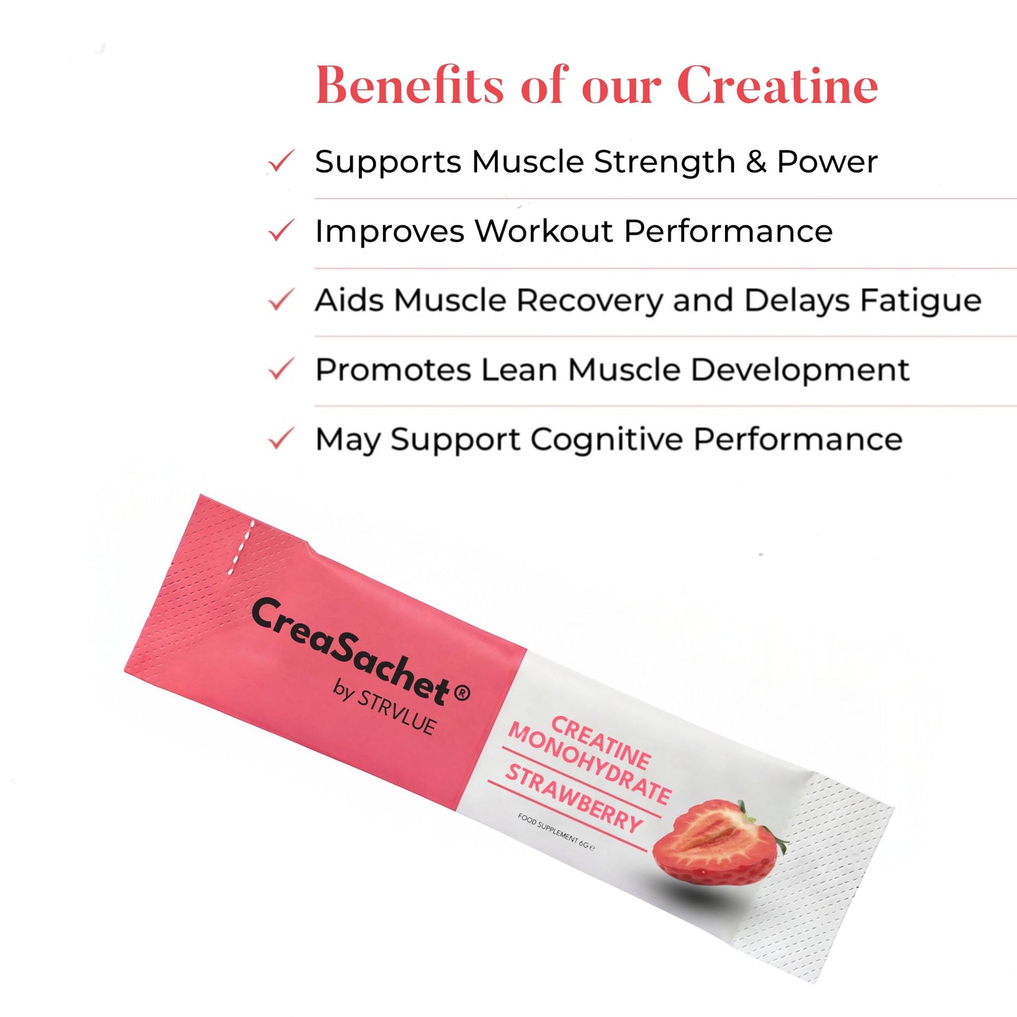 STRVLUE Lab Tested Creatine Monohydrate Powder | Strawberry Flavour | 30 Travel Sachets | Ultra‑Fine Micronised | Zero Sugar | Supports Muscle Growth, Strength, Recovery & Performance, Cognition,for Men&Women