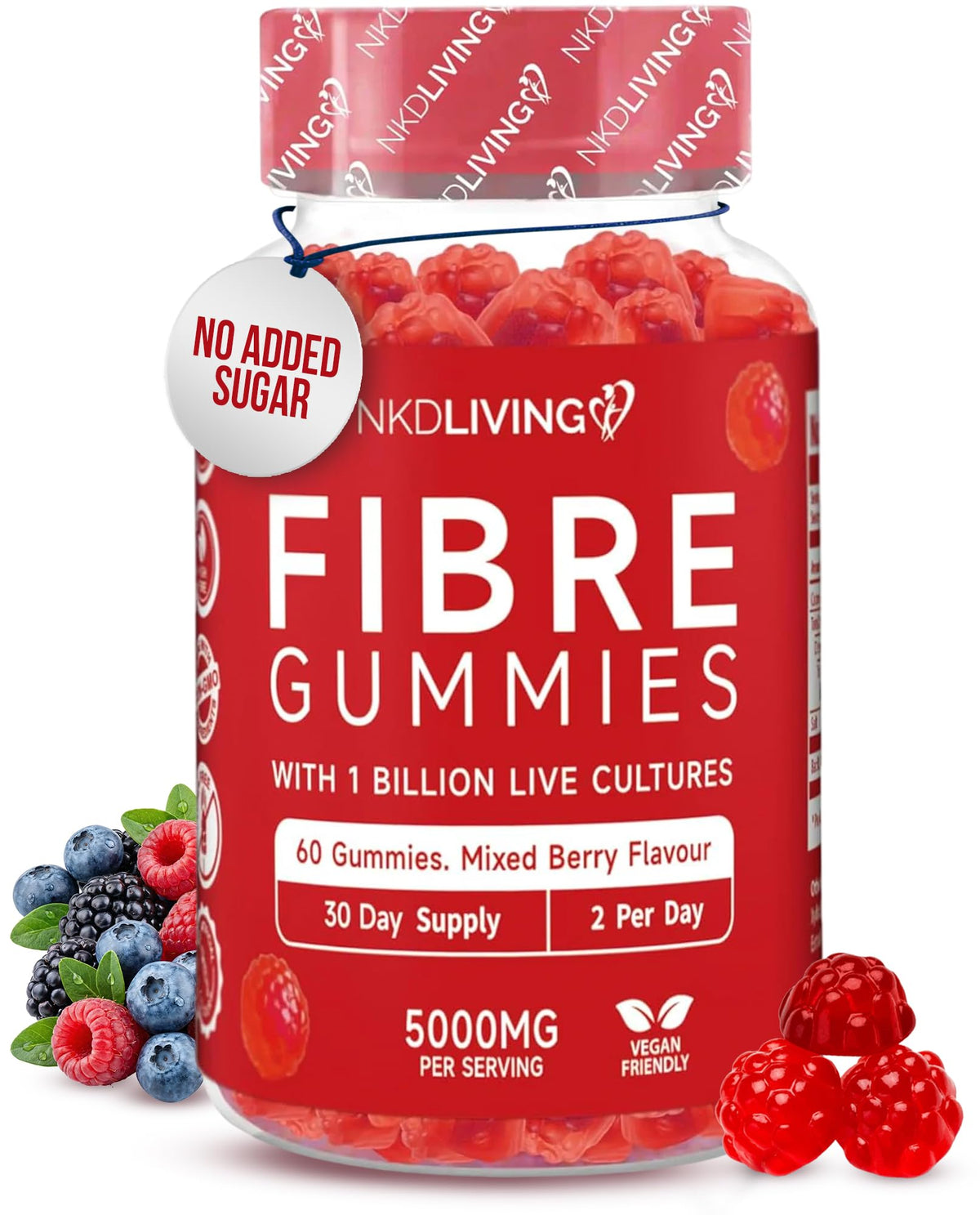 NKD Living High Fibre Inulin Gummies (60 Vegan Gummies) 5g of Fibre per Serving - with 1 Billion Live Cultures - Gut Health and Digestive System Support