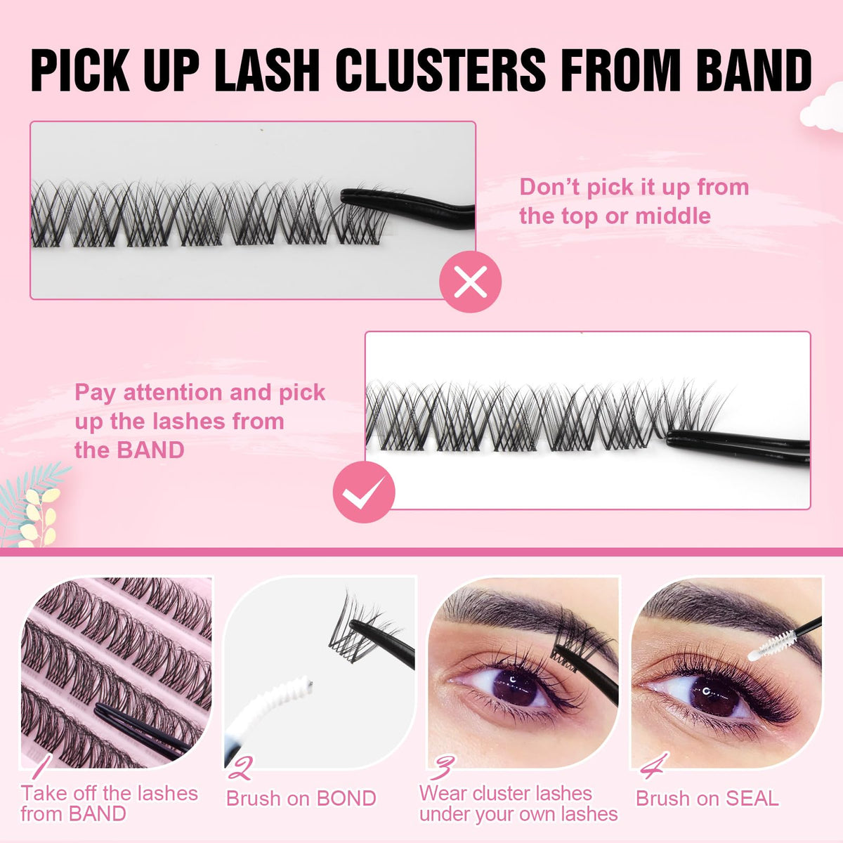 Parriparri Cluster Lashes Kit Clear Band 120Pcs Individual Lashes with Bond and Seal and Lash Extension Applicator Natural Eyelash Extensions Kit False Eyelashes DIY at Home (8-16MM MIX)