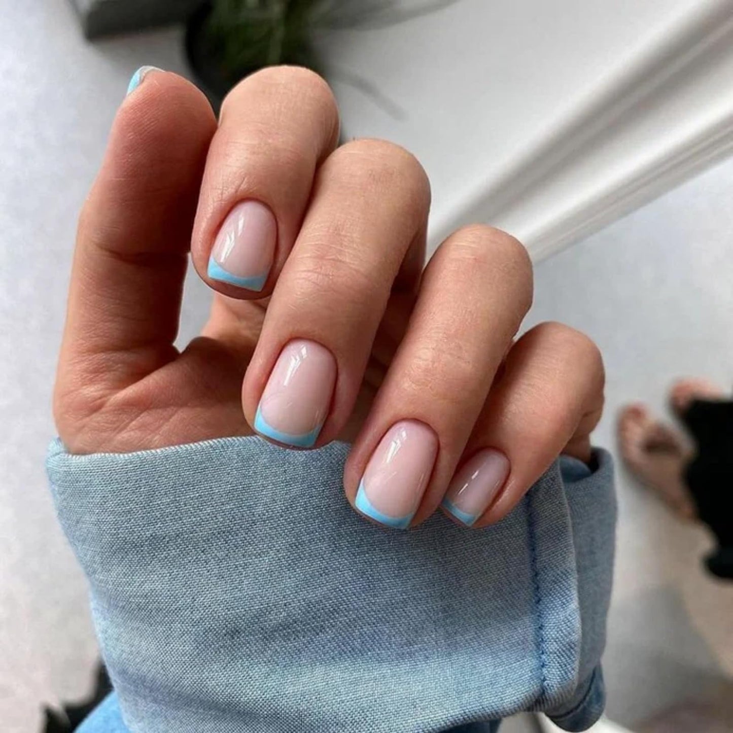 NLFOX Baby Blue French Tip False Nails - Square Press On Nails Short - French Coffin Fake Nails With Glue - Removable Full Cover Acrylic Stick On nails For Women Daily Wear Nail Art Gifts Accessories