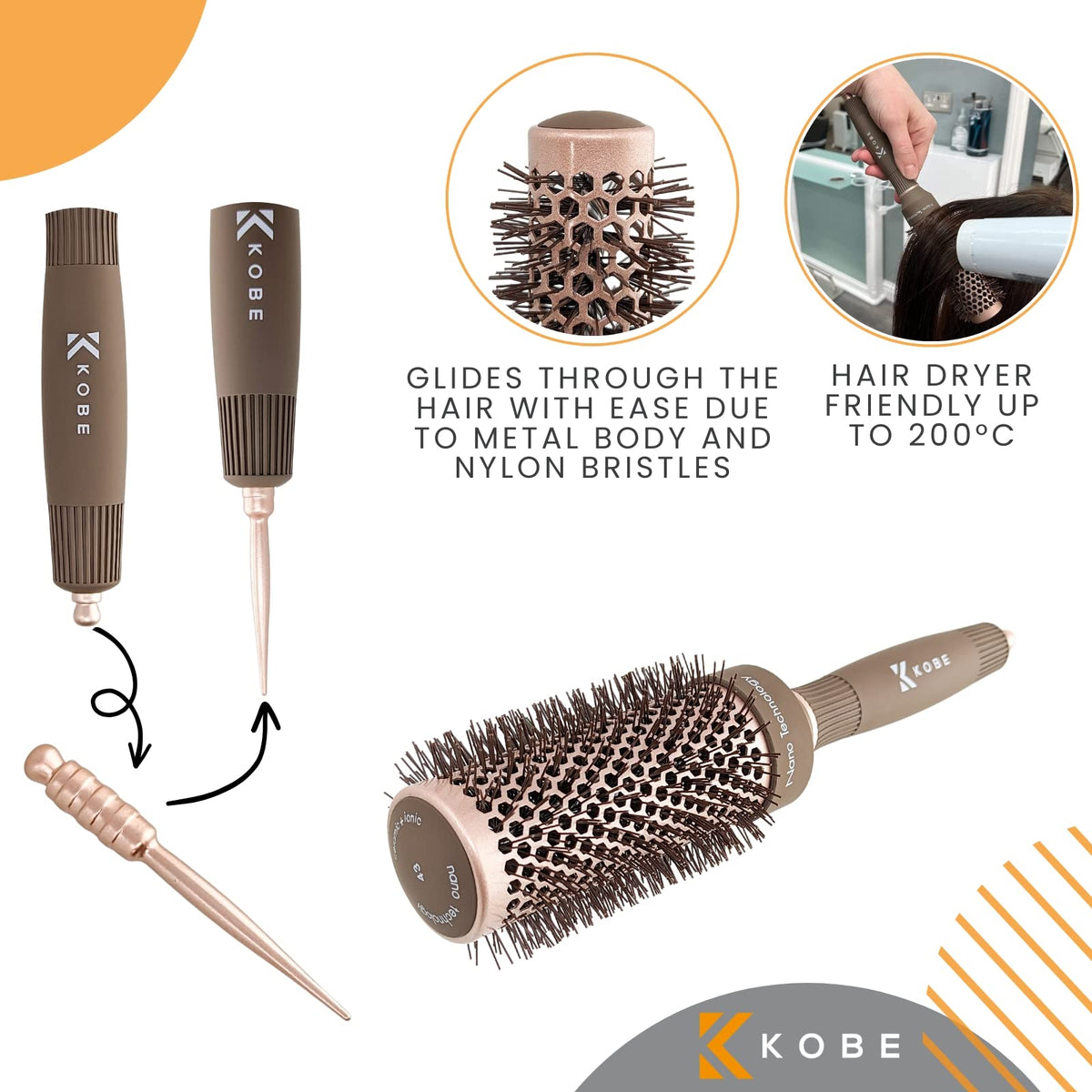 Kobe Professional Heat-Retaining Ceramic & Ionic Round Hair Brush for Blow Drying - With Nanotechnology - 42mm Barrel Brush - Blow Dry Hair Brush,Curling Brush