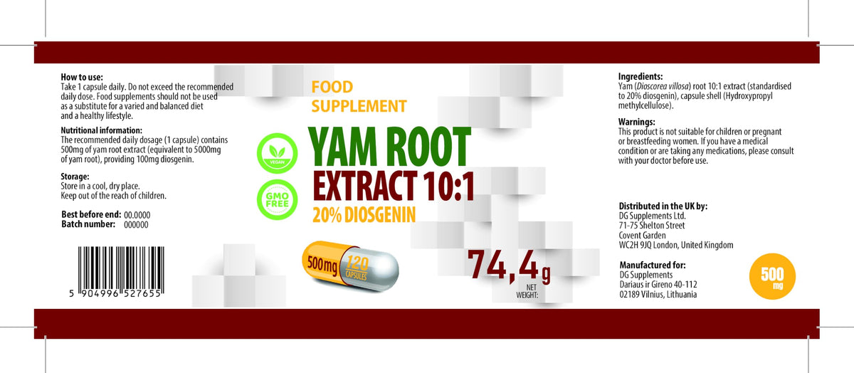 Hepatica Yam Root Extract 5,000mg Equivalent | 120 Vegan Capsules | High Strength 10:1 Extract (500mg) | 20% Diosgenin | 3rd Party Lab Tested Herbal Supplement