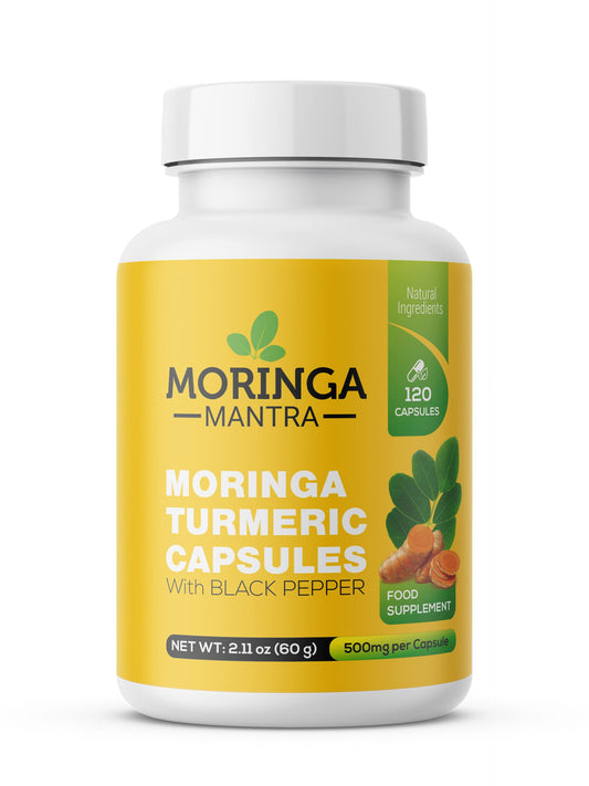 Moringa Mantra Moringa Oleifera Powder & Turmeric Root Powder with Black Pepper 120 Vegan Capsules, Gluten Free, Non - GMO