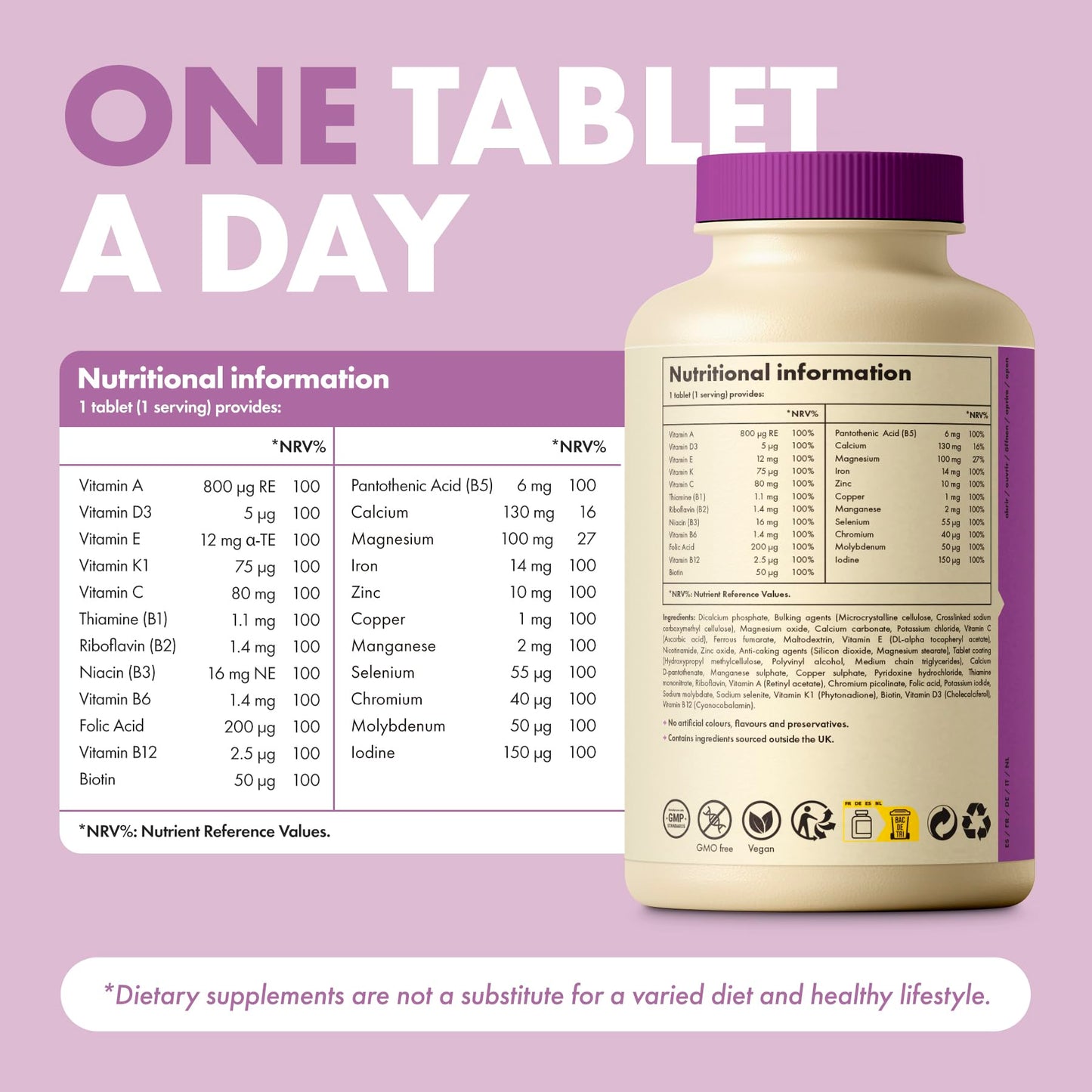 Incite Nutrition Multivitamin Tablets, 180 Vegan Tablets, 6 Month Supply, Daily Formula with 23 Vitamins & Minerals, Immune Support, Energy, Bone Health, Suitable for Vegetarians & Vegans