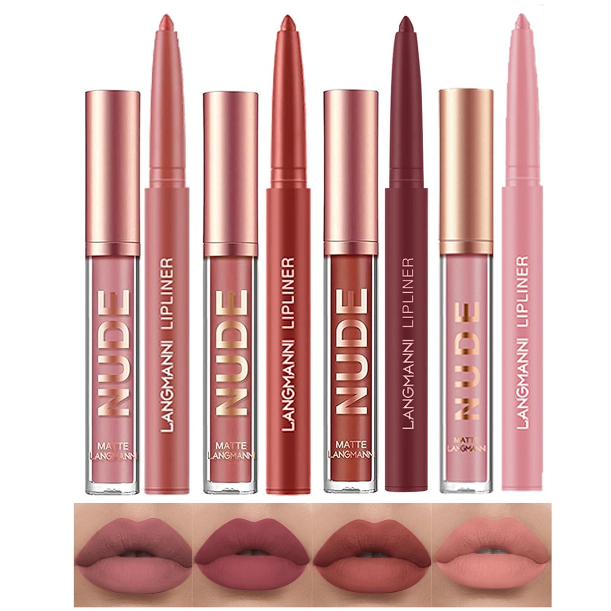 LANGMANNI 4pcs Matte Lipstick with Lipliners Durable Makeup Set,Long-Lasting Non-Stick Cup Not Fade Waterproof Pigmented Velvet Lipgloss Kit Beauty Cosmetics Makeup Gift for Girls(#1357)
