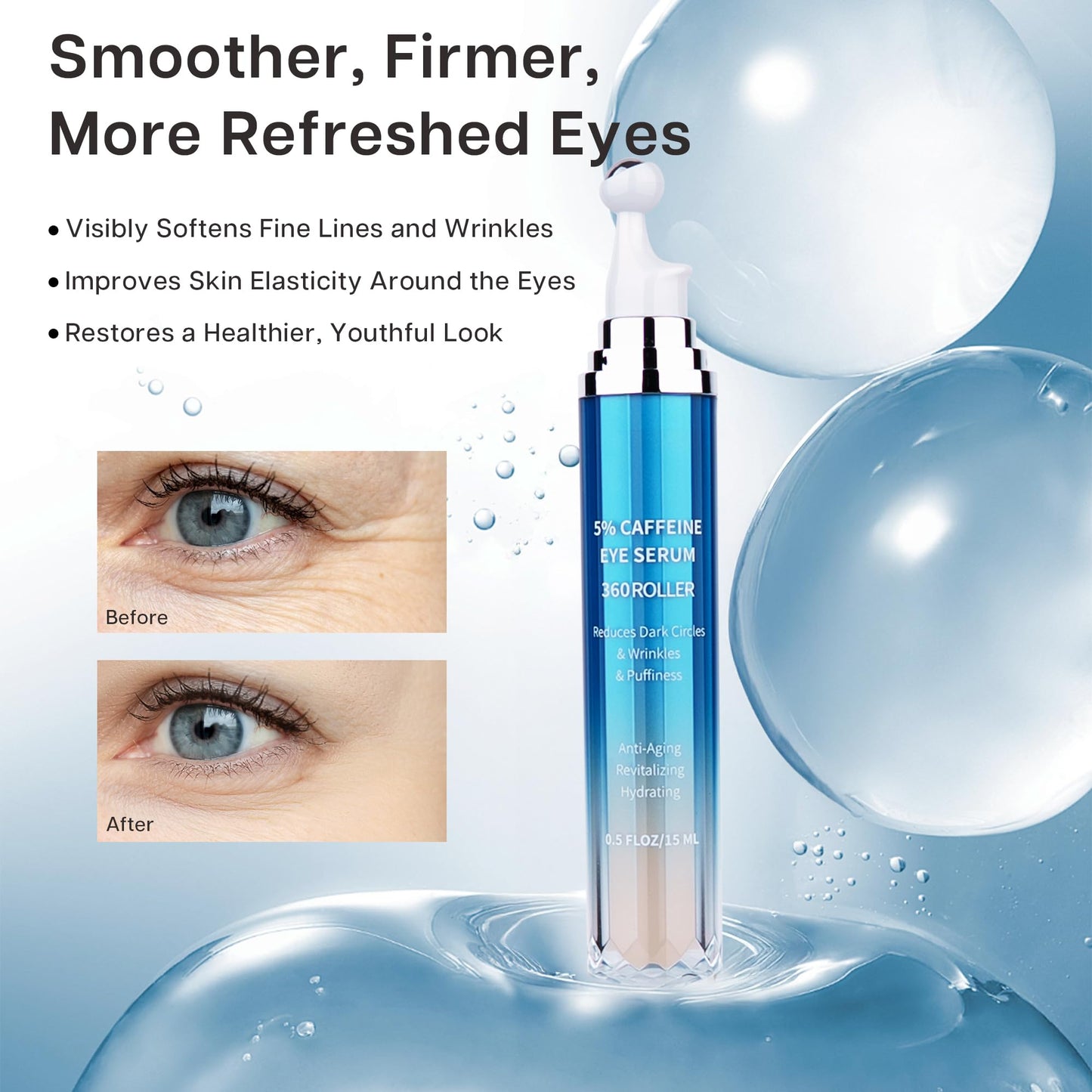 VRAIKO Eye Serum for Dark Circles and Puffiness, 5% Caffeine 8% Retinol Under Eye Cream with Build-In 3D Roller Applicator, Hyaluronic Acid Peptide for Hydration Fine lines Wrinkles, 0.5 fl oz