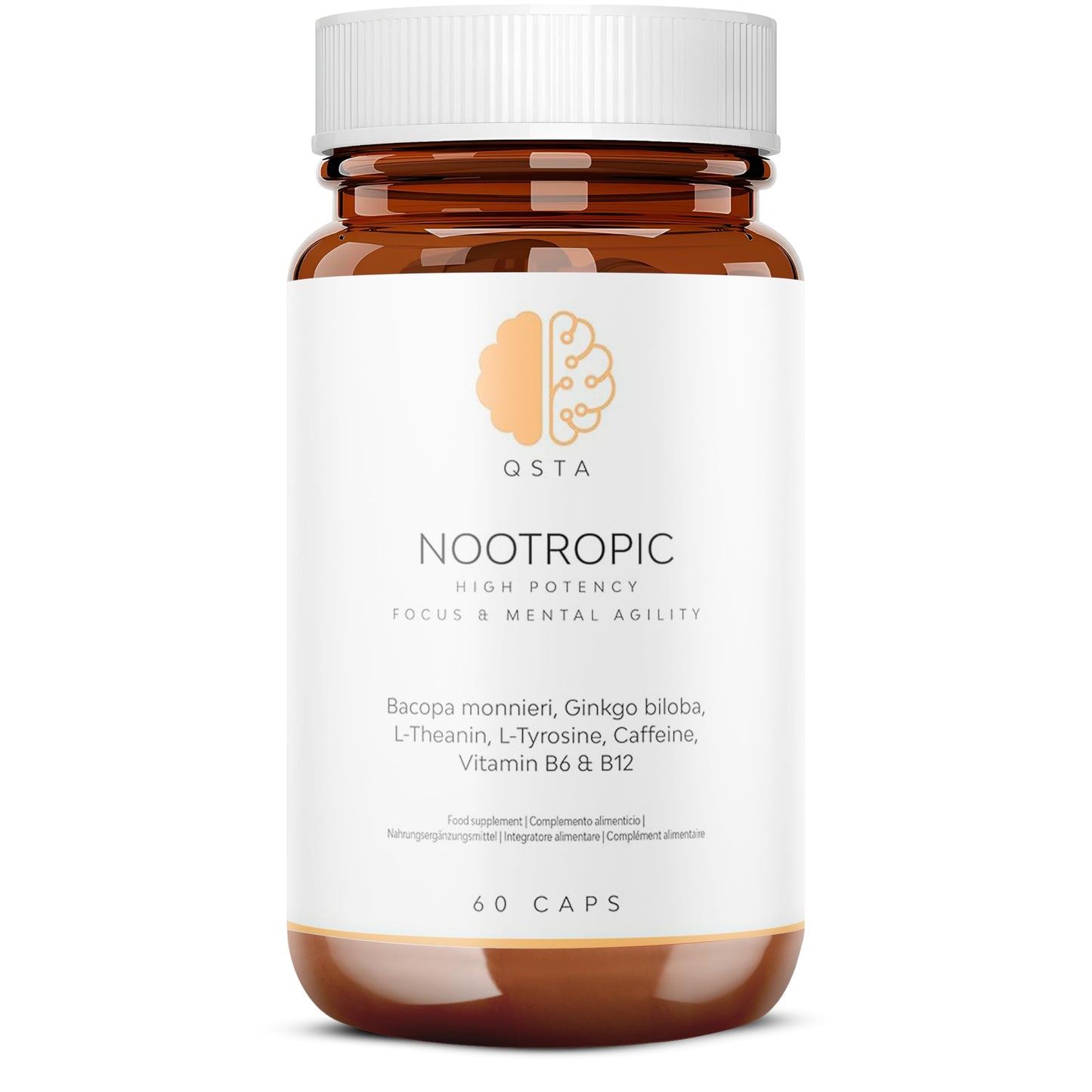 QSTA Nootropics Brain Supplement, Unique High Potency Cognitive Enhancer for Energy, Focus, Brain Function, Mental Alertness & Memory with Bacopa Monnieri, Ginkgo, Tyrosine, Theanine, Brain Vitamins