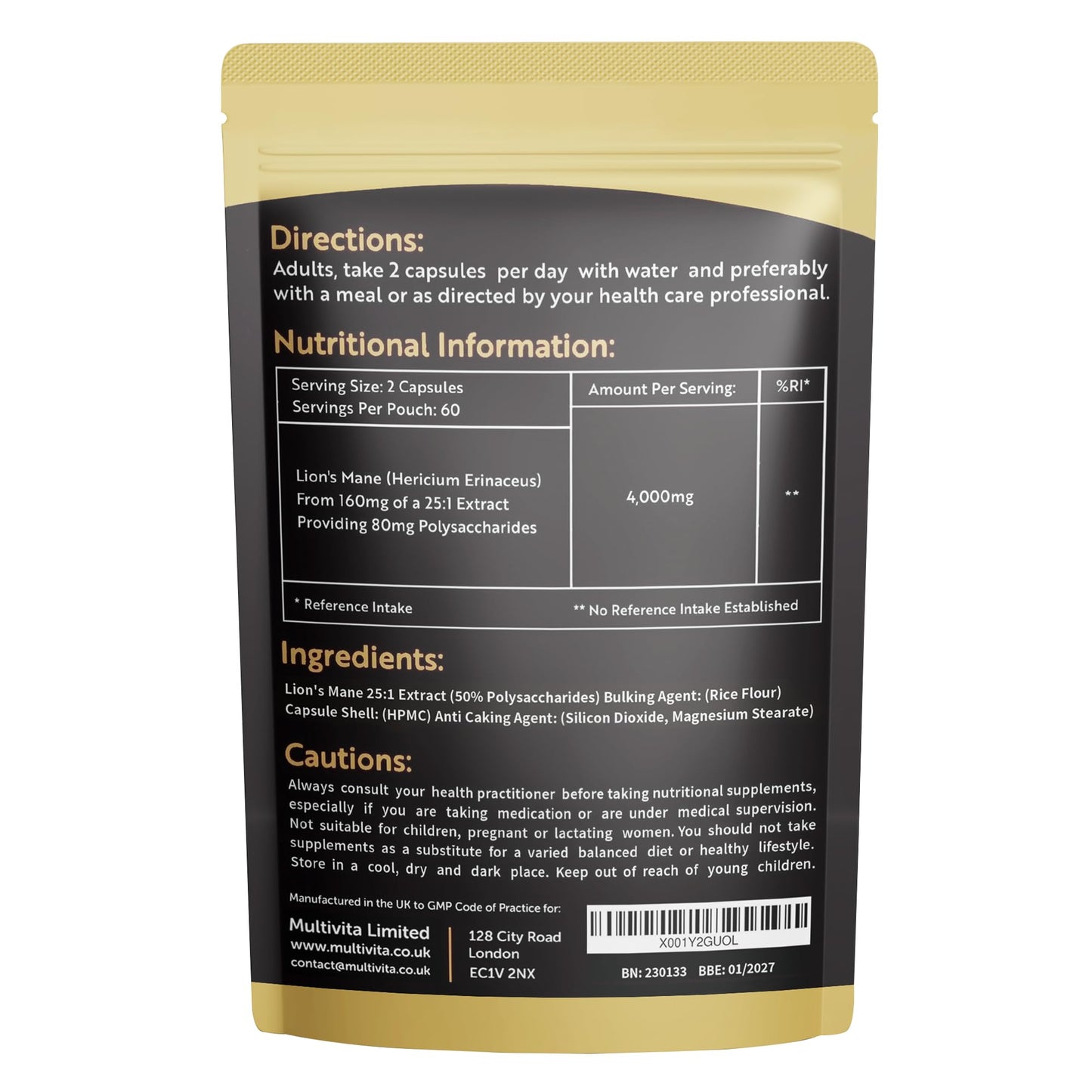 Multivita Lion's Mane Mushroom Extract 4000mg - 120 High Strength Vegan Capsules, 2 Months Supply - Brain and Focus Supplement for Better Cognitive Health - (Not Powder or Tablets) UK Made GMO Free