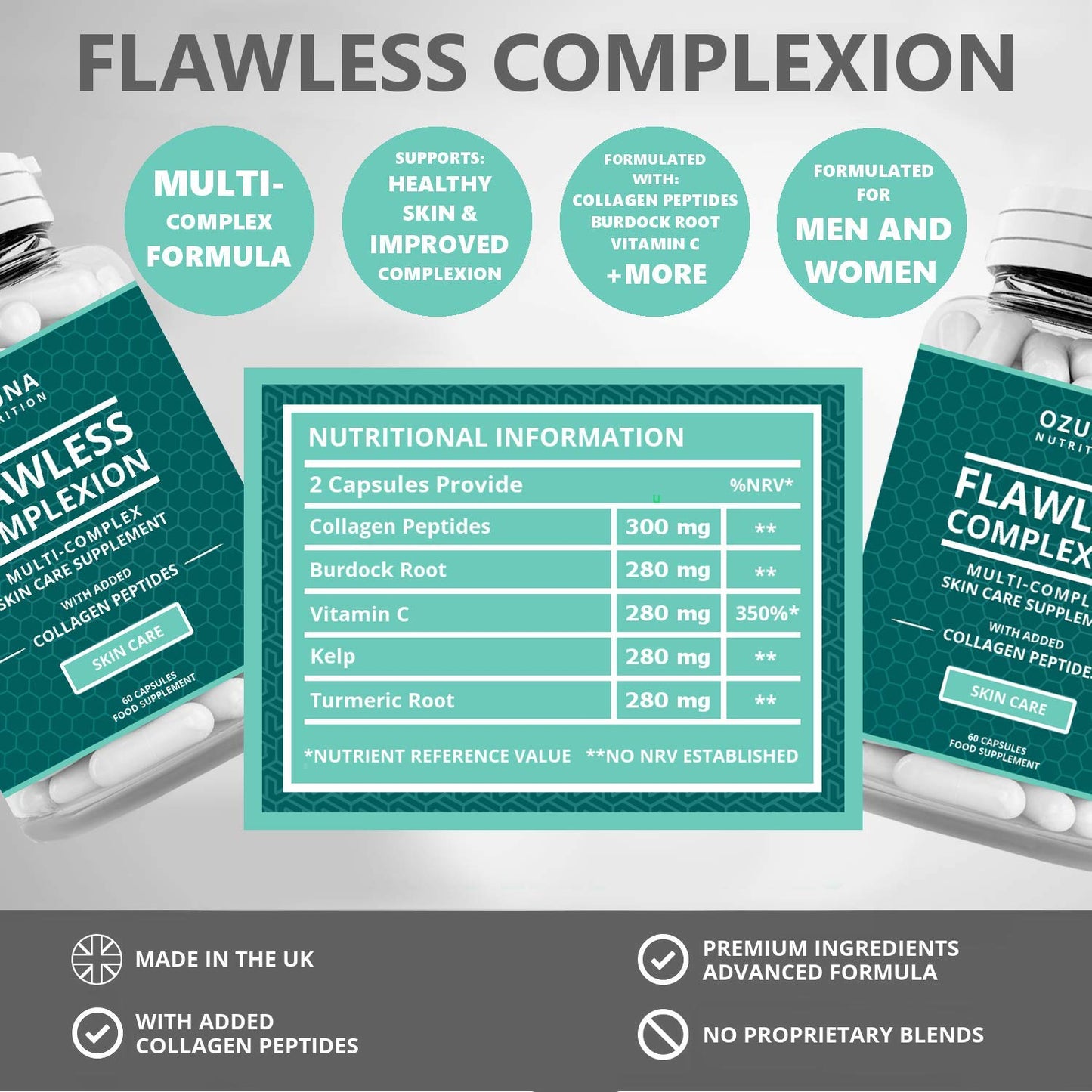 OZUNA NUTRITION Flawless Clear Skin Supplement - Glowing Complexion | Multi-Complex Capsules with Collagen Peptides | for Women & Men | One Month Supply