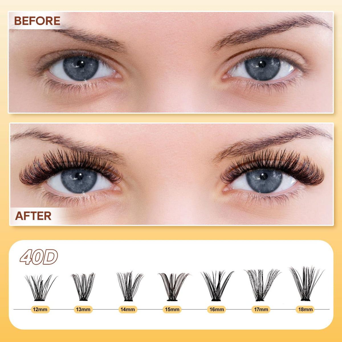 QUEWEL Cluster-Lashes Kit, 40D Individual-Eyelashes with Waterproof Lash Bond & Seal, 280PCS D Curl Lashes Individual Cluster Kit for Beginners DIY Lash Extension at Home (LS-40D-KIT)