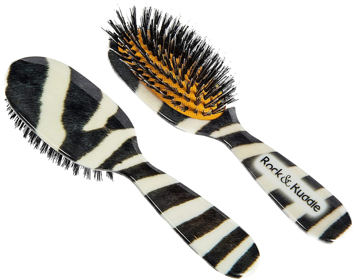 Rock & Ruddle Natural Boar Bristle Hair Brush for Women and Children. Wet or Dry Hair Detangling, Smoothing and Blowdrying. Bring out a Healthy Shine. Zebra Print Design, (Small/Travel Size, 17.5cm)