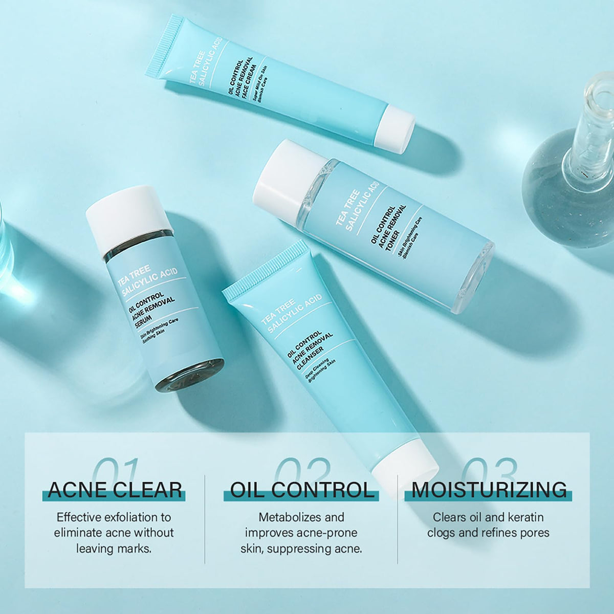 OKAQEE Tea Tree Acne Skin Care Sets & Kits - Salicylic Acid Acne Removal Skincare Set - Teen Skincare Gift Set With Cleanser, Toner, Serum, Cream - Complete Acne Treatment Kit for Oily, Acne-Prone Skin