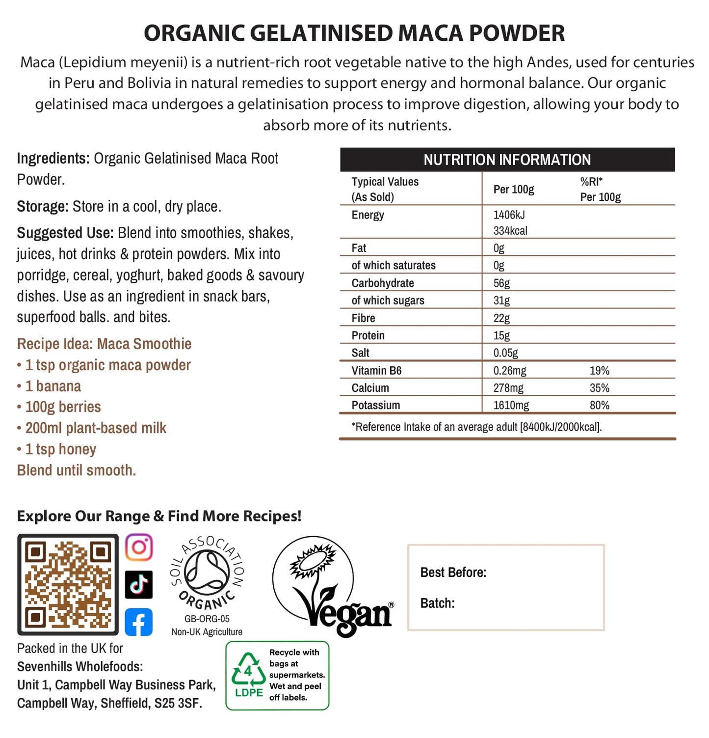 Sevenhills Wholefoods Organic Gelatinised Maca Powder 400g | Four Roots - Yellow, Red, Purple, and Black | Peruvian | Certified Organic | GMO-Free | Gluten-Free