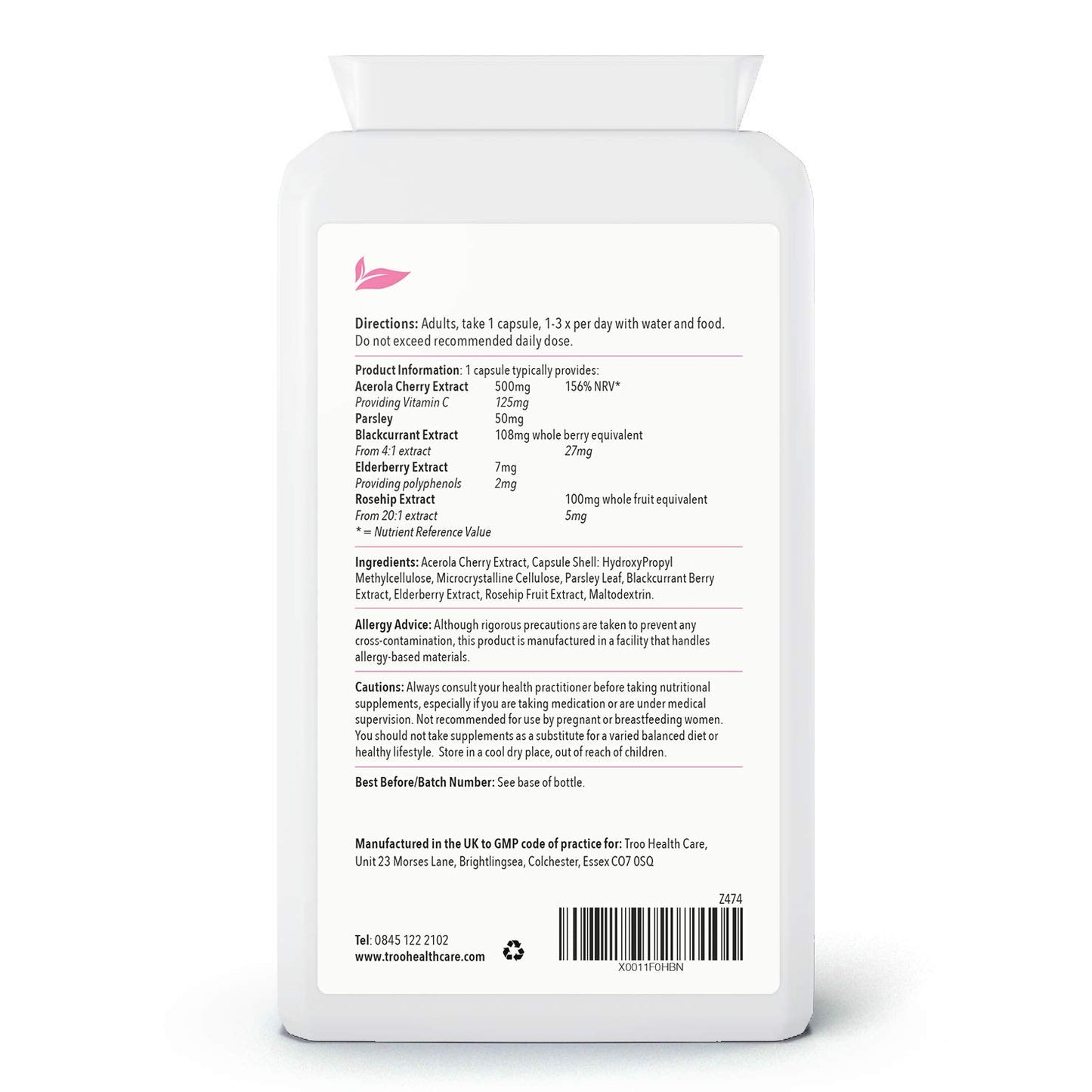 Troo Health Care Vitamin C Cherish 120 Capsules - Natural Food Vitamin C Immune Support & Fatigue Reduction Supplement Containing Acerola Cherry and Elderberry - UK Manufactured