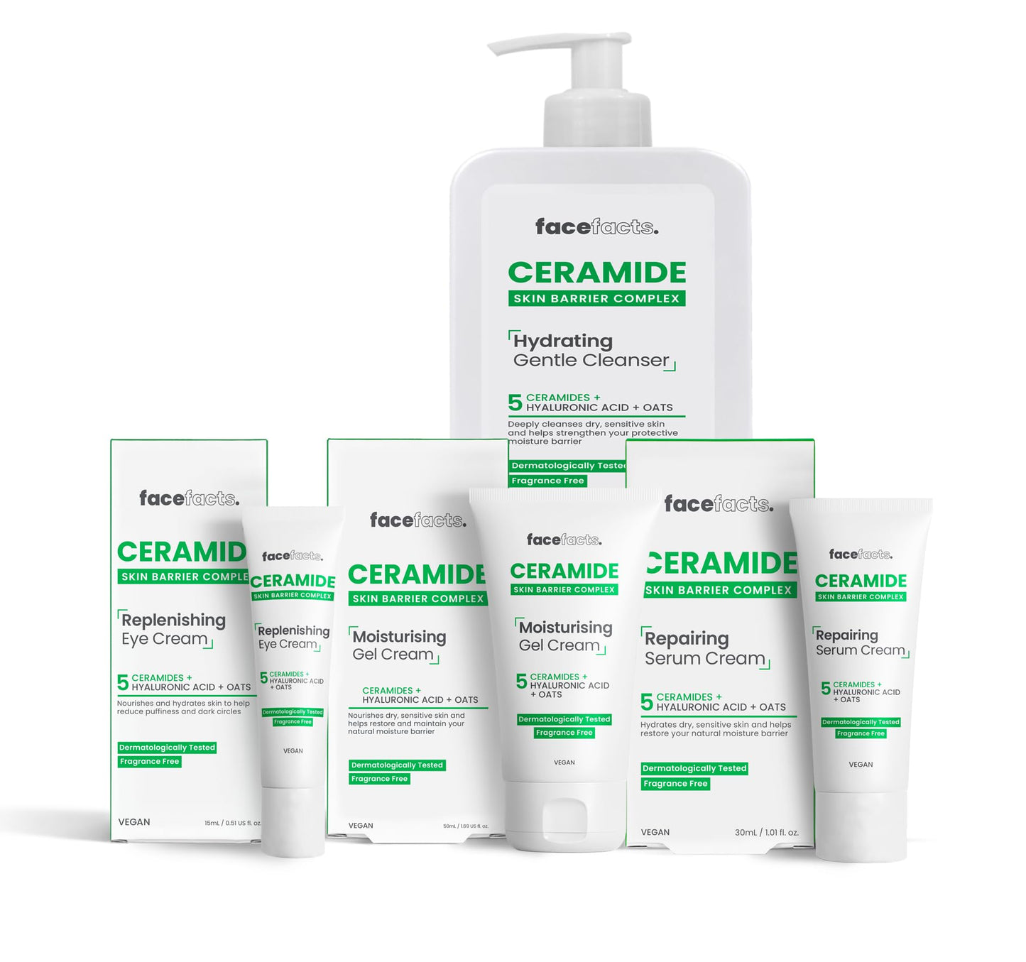 Face Facts Ceramide Skin Care Set – Eye Cream 15ml, Moisturising Gel 50ml, Repairing Serum 30ml, Hydrating Cleanser 200ml – Bundled by Smart Cutie