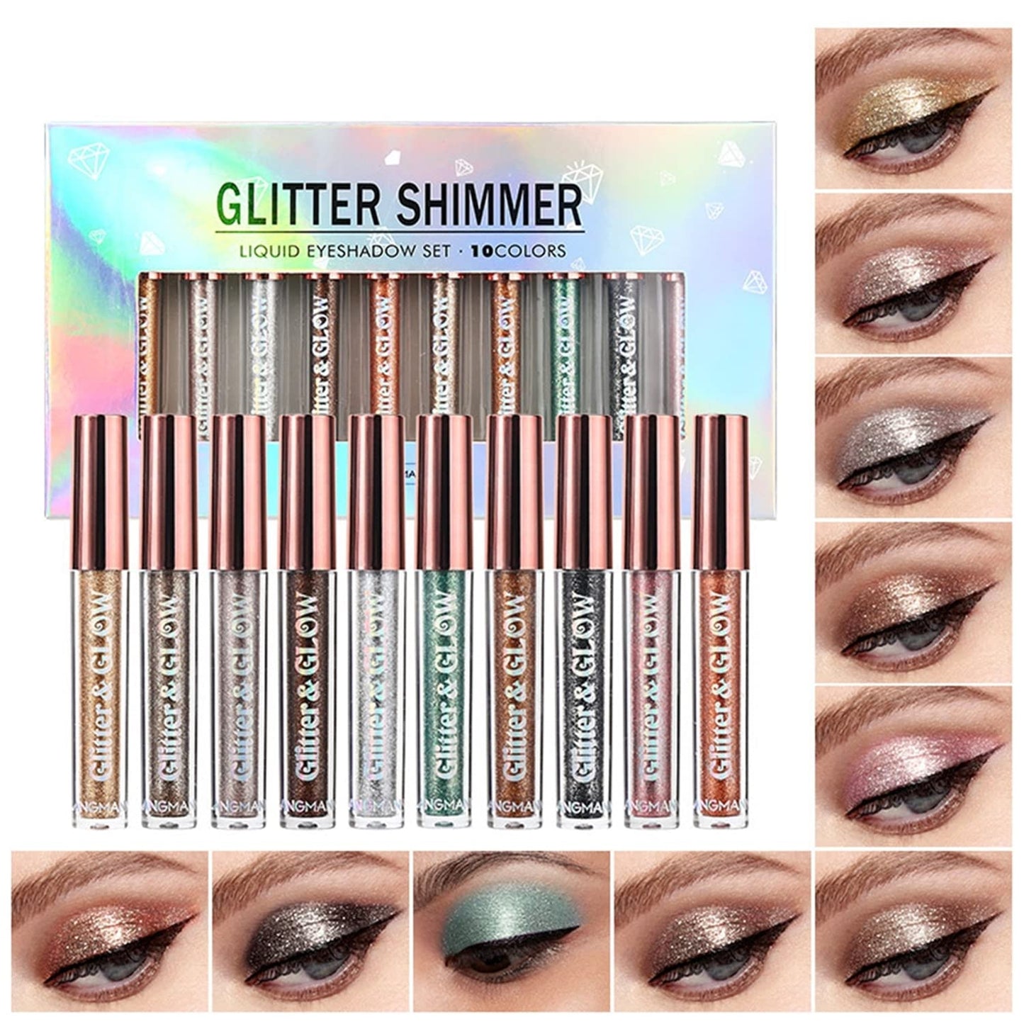 HQDA 10 Colors Liquid Eyeshadow Shimmer Glitter Metallic Eyeshadow Smokey Eye Looks Waterproof Long Lasting Quick Drying Eye Shadow Make up Kits (10 Colors)
