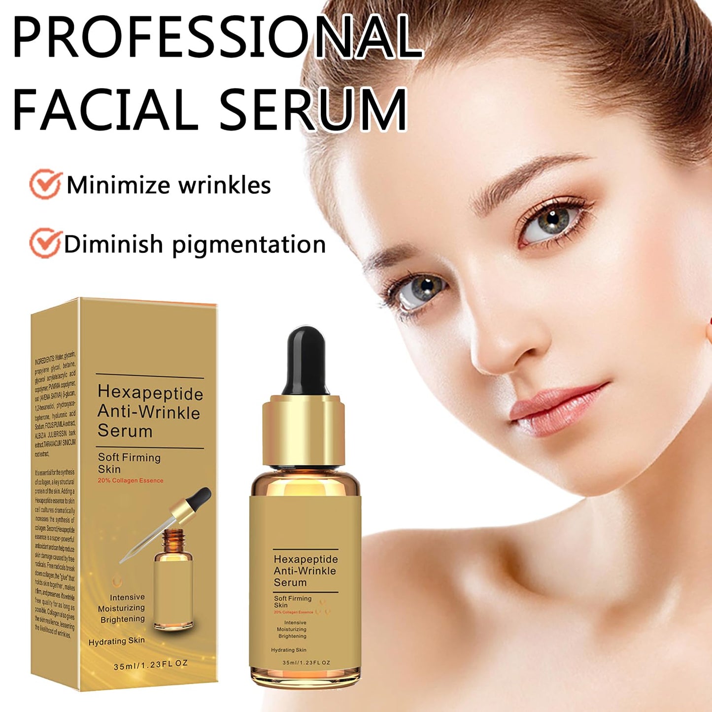 AuraAnge Collagen Peptide Serum for Women - Improve Wrinkles, Dark Spot Correcting, and Hydrating Face Serum with Hyaluronic Acid - Luminous Skin