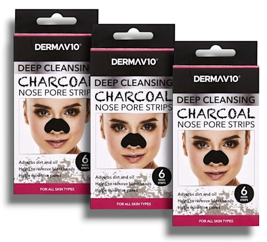 Generic Dērmav10 | Deep Cleansing Charcoal - Nose Pore Strips | 6 Strips in Each | Absorbs Dirt & Oil,Helps to Remove Blackheads,Helps to Remove Blackheads & Helps Minimise Pores | For All Skin Types | 3 Pack