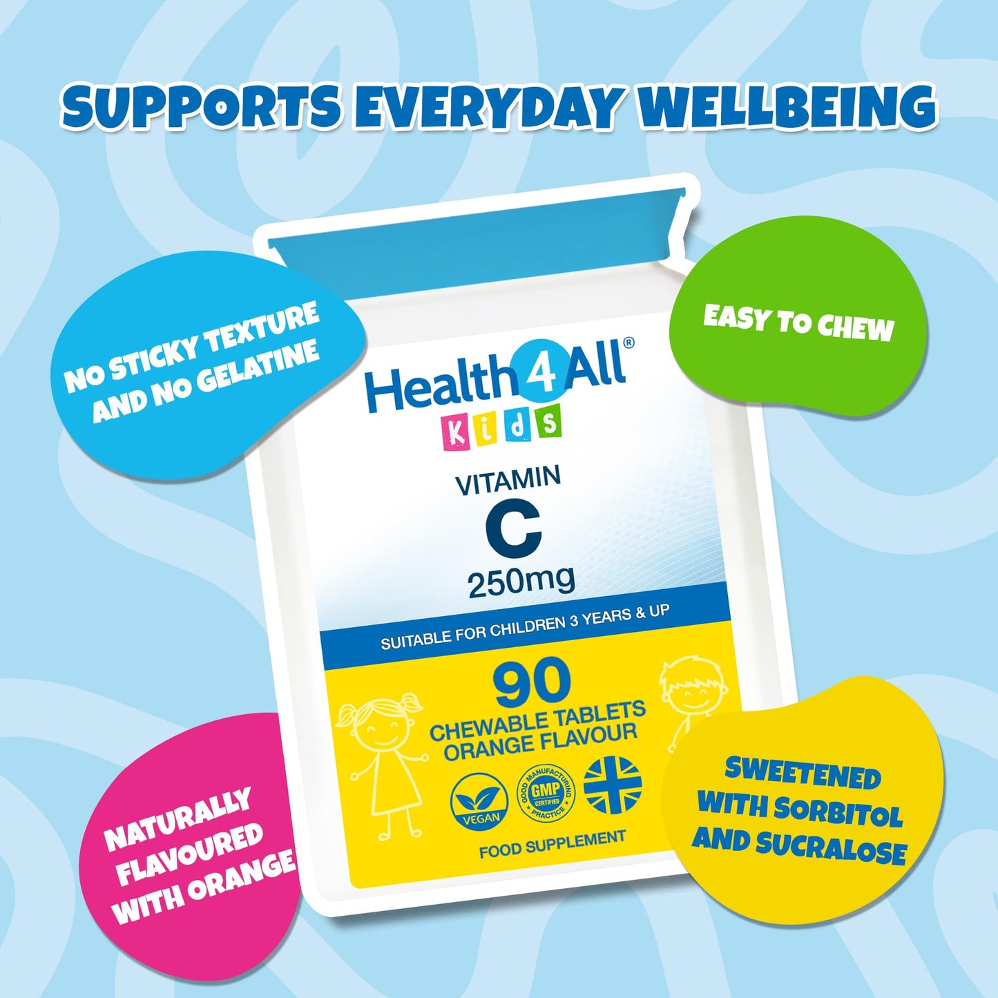 Health4All Kids Vitamin C 250mg, 90 Chewable Tablets for Children 3+, Immune Support