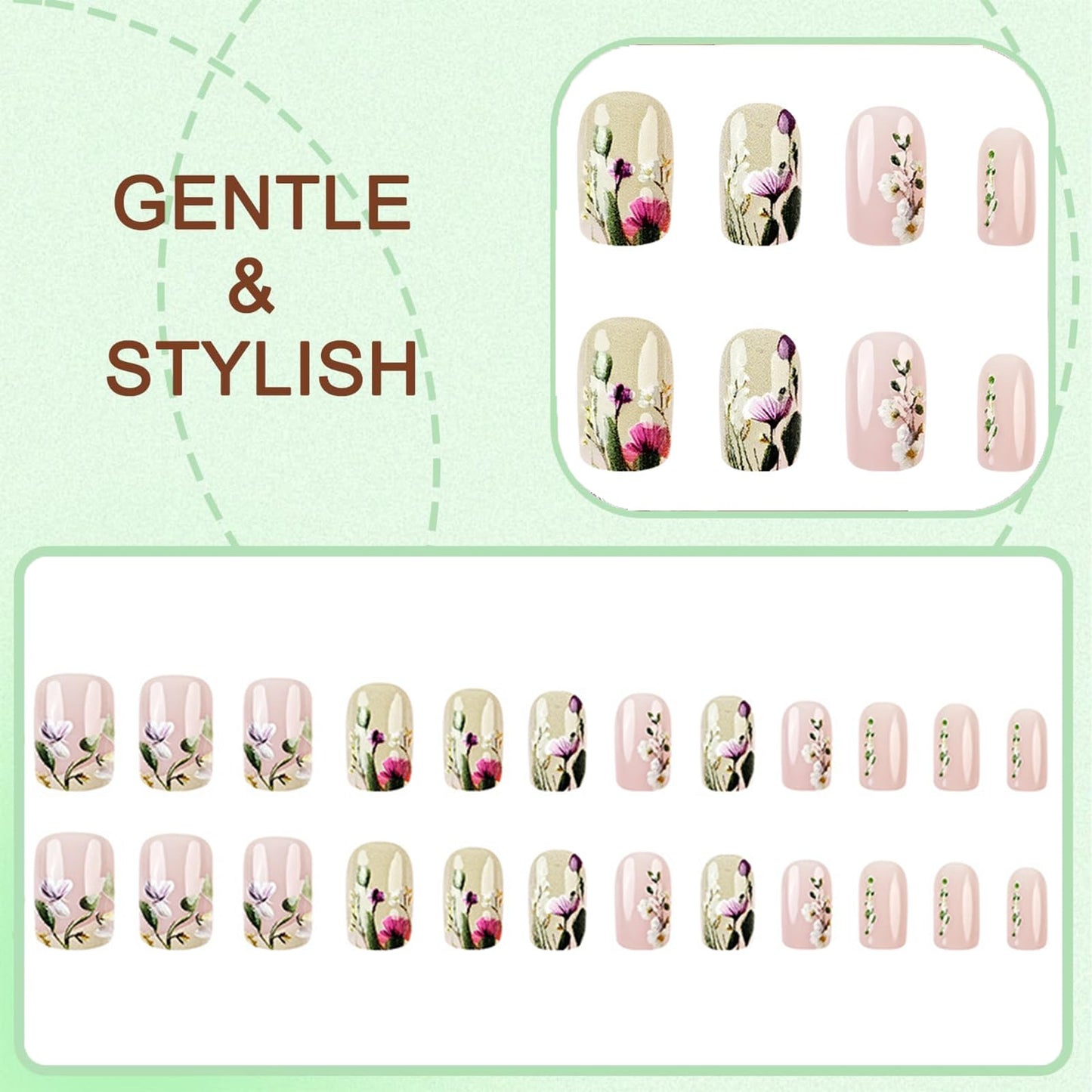 Generic 24PCS Short Flower Press on Nails – 3D Embossed Floral Design Square Fake Nails, Reusable Full Cover Acrylic Nails for Women, No Glue Needed, Easy DIY French Nude Pink Spring Nail Art Set