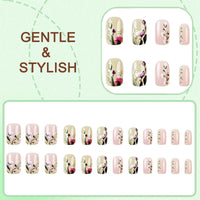 Generic 24PCS Short Flower Press on Nails – 3D Embossed Floral Design Square Fake Nails, Reusable Full Cover Acrylic Nails for Women, No Glue Needed, Easy DIY French Nude Pink Spring Nail Art Set