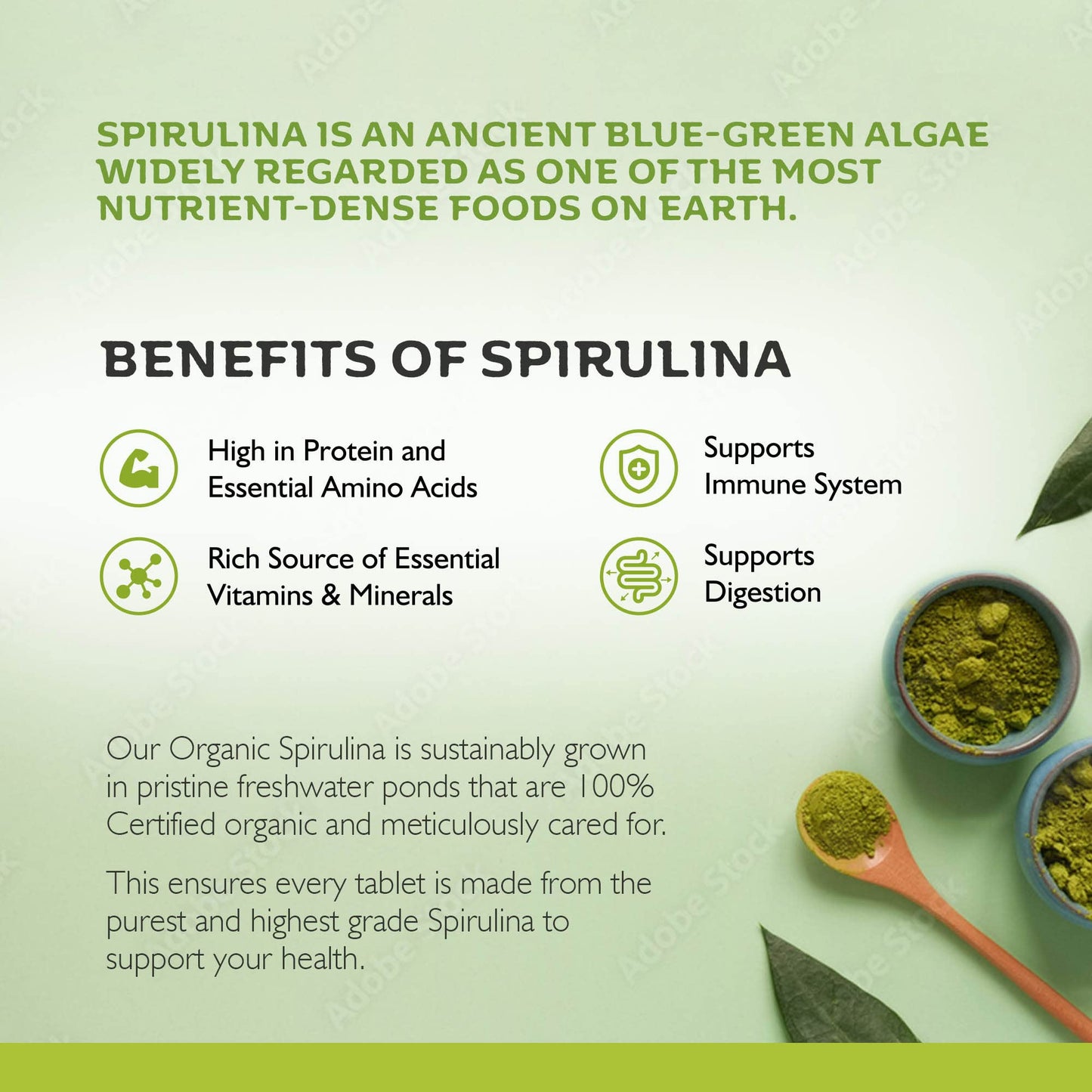 Organic Spirulina Tablets 1000 Easy to Swallow Tablets - 100% Pure Certified Organic Tablets Rich in Essential Vitamins & Minerals by Inner Vitality