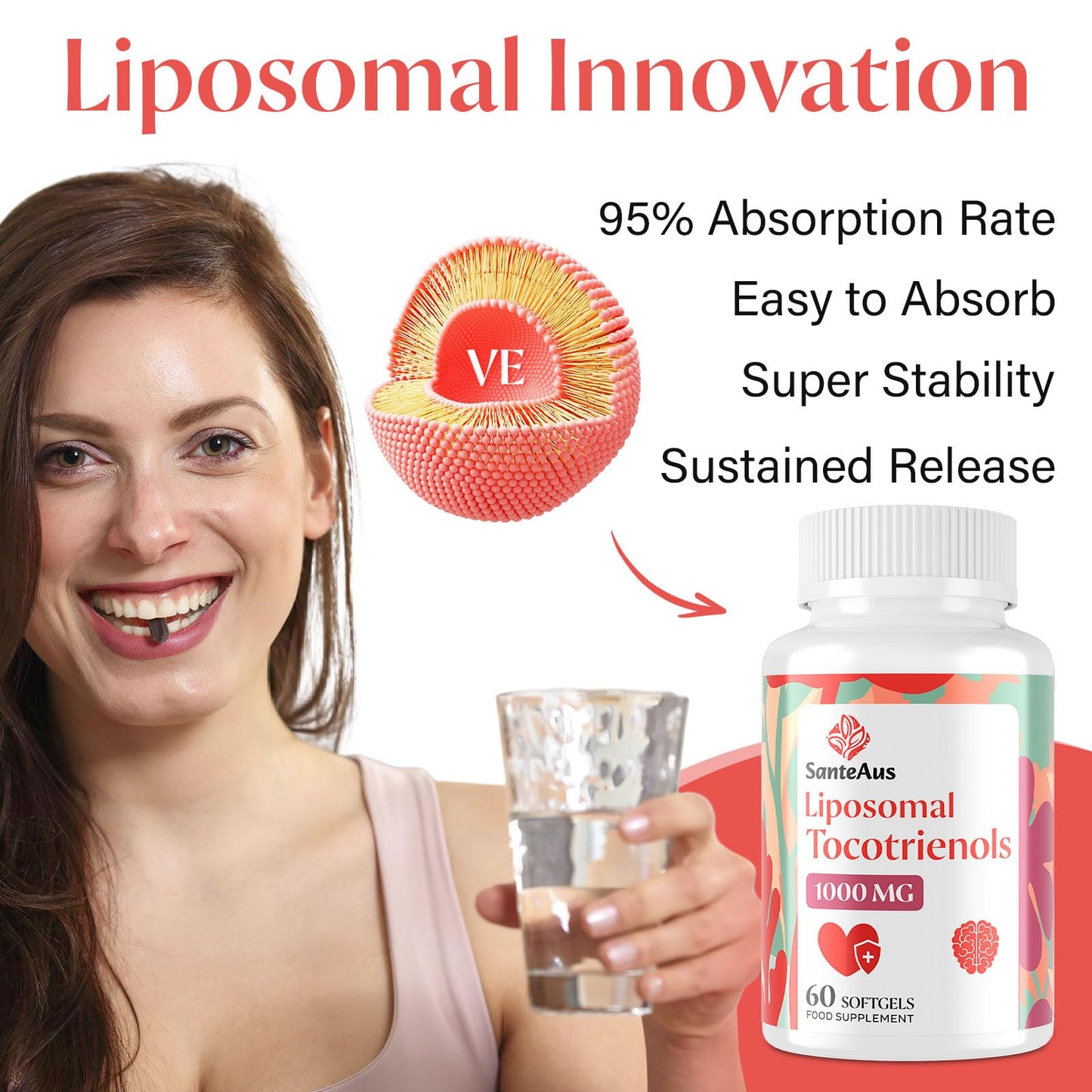 SanteAus Liposomal Tocotrienols Supplement 1000mg, Vitamin E, High Bioavailability, 95% Delta & 5% Gamma Tocotrienol Capsules, for Immune, Bone, Skin, and Antioxidant Support, No Fillers, No Soy