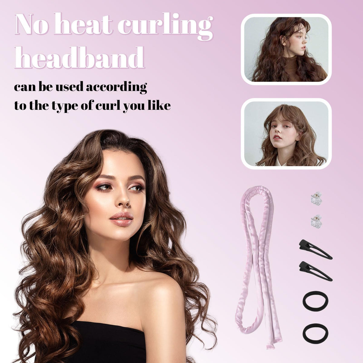 LunarCharm Heatless Curling Headband, Curlers without Heat with Small Hairpin, Overnight No Heat Curls with Thin Sleep Curlers, Pink