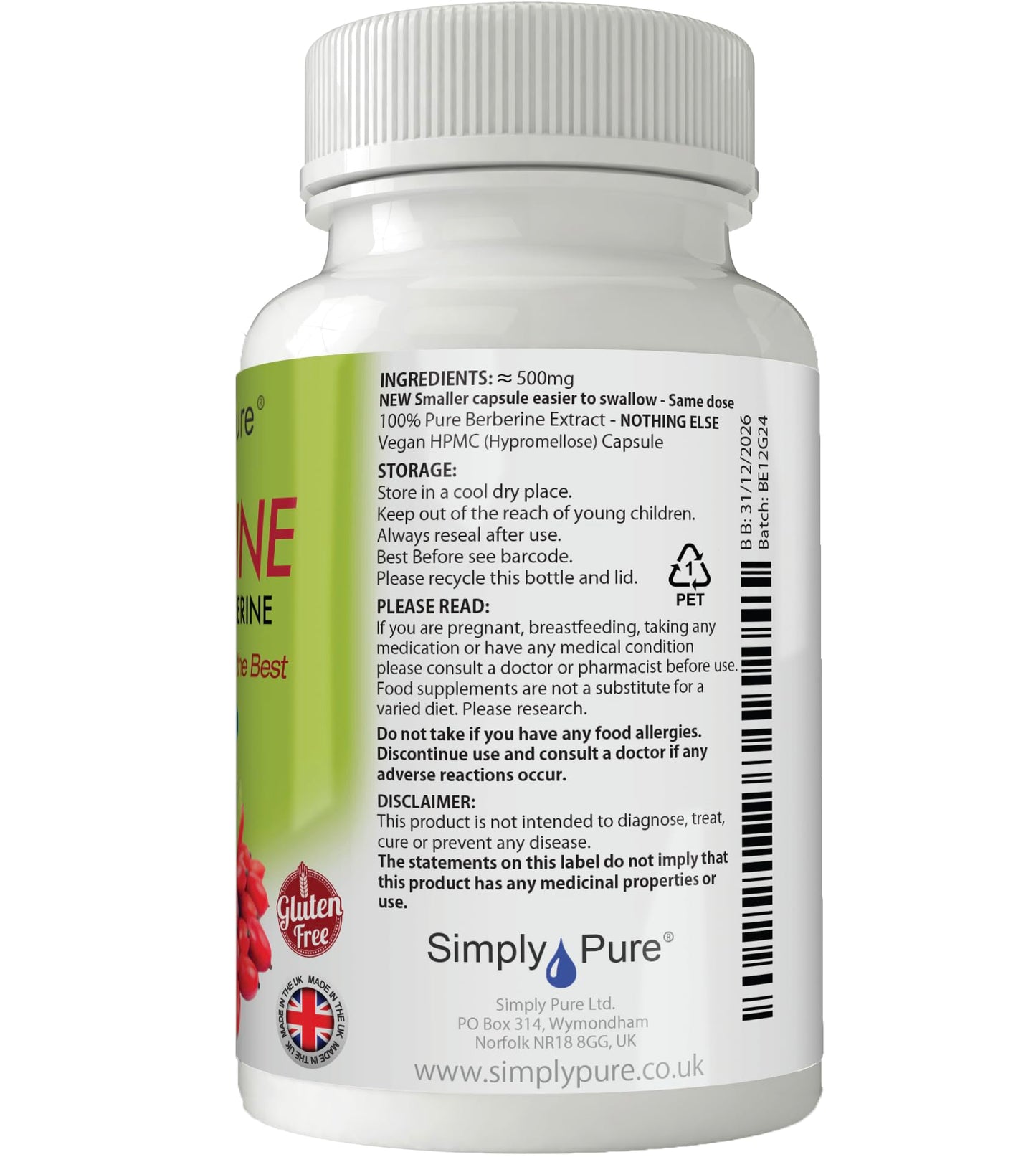 Simply Pure 100% Natural Berberine Capsules x 90, 500mg, Gluten Free, GM Free, Vegan