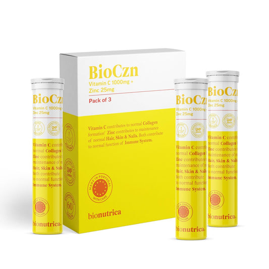 Bionutrica BioCzn- Vitamin C 1000mg and ZinC 25mg- 60 Effervescent Tablets (Pack of 3)- Improve Your Skin Health, Immunity, and Energy Levels | Fast-Acting | Suitable for Vegan & Vegetarian -GMP Certified